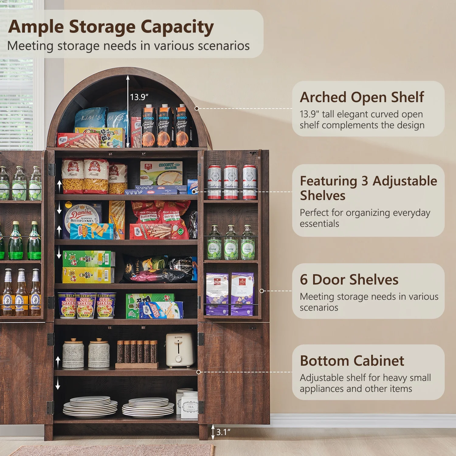 IFGET 71" Tall Arched Kitchen Pantry Storage Cabinet, Large Storage Cabinet with Adjustable Shelves, Pantry Cabinet for Kitchen, Dining Room - Image 18