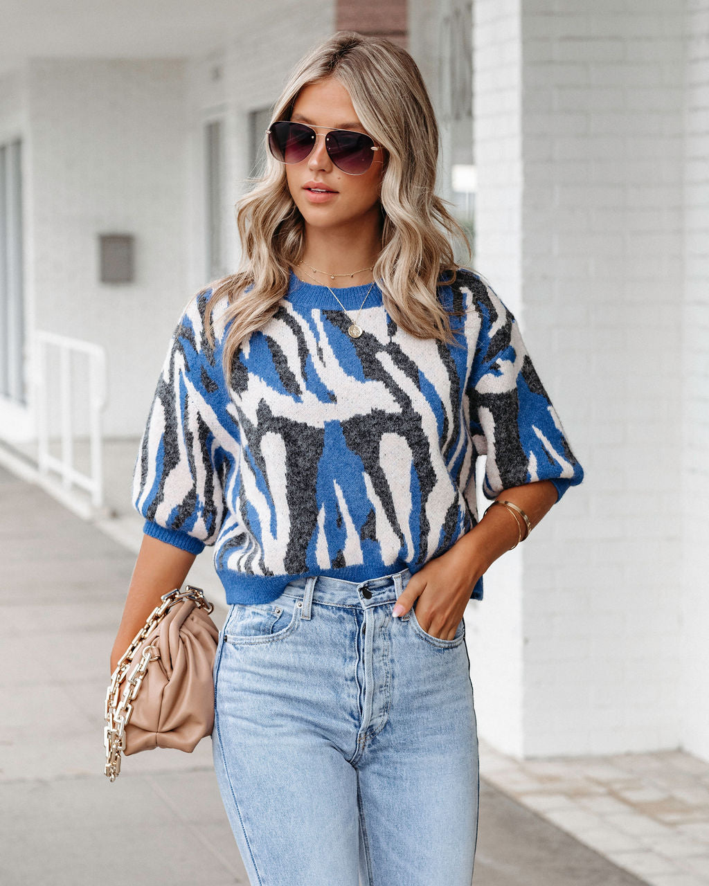 Cape Town Knit Printed Sweater Top - Blue Combo - SALE - Se7enfashion