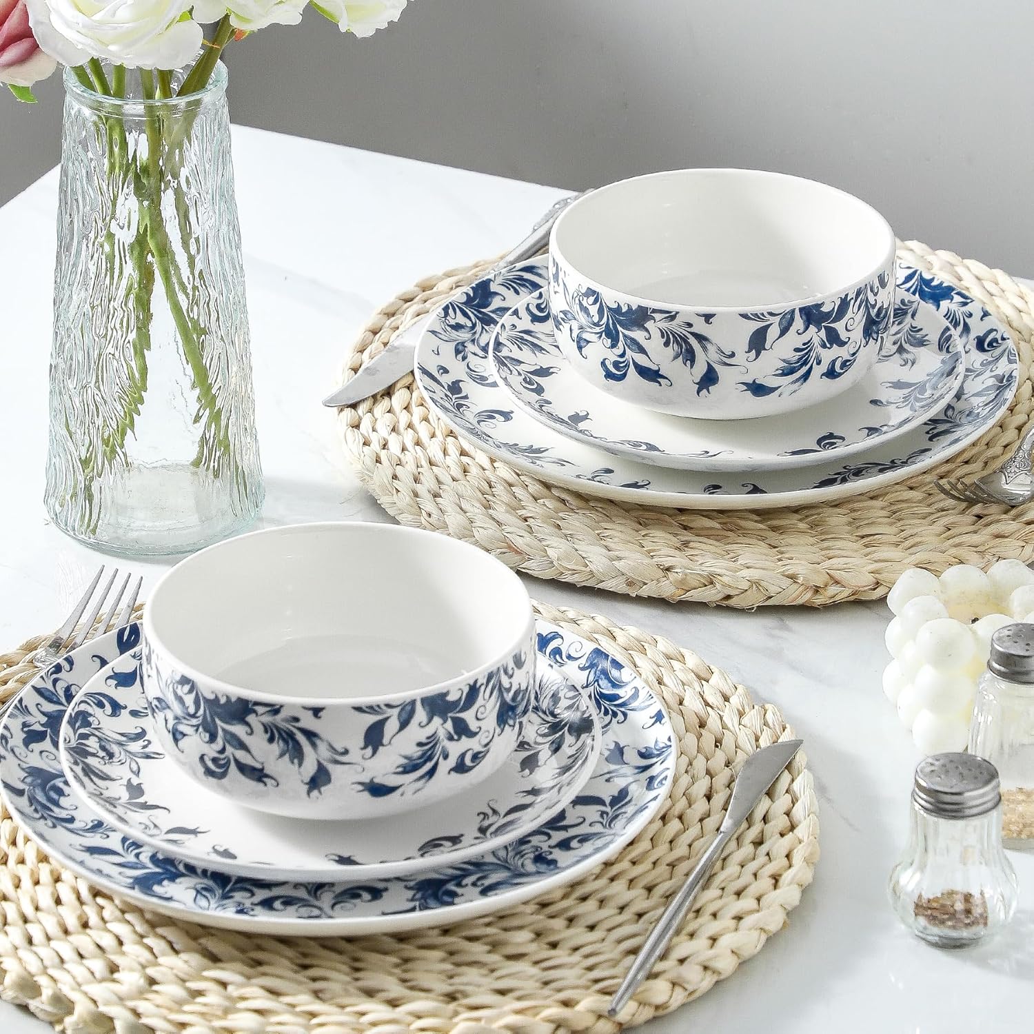 Large Soup Bowls Set of 4, Ceramic Serving Bowl Japanese, Cereal Bowls for Breakfast, Blue and White bowl for Raman Oatmeal Salad Rice Pho, Microwave & Dishwasher Safe