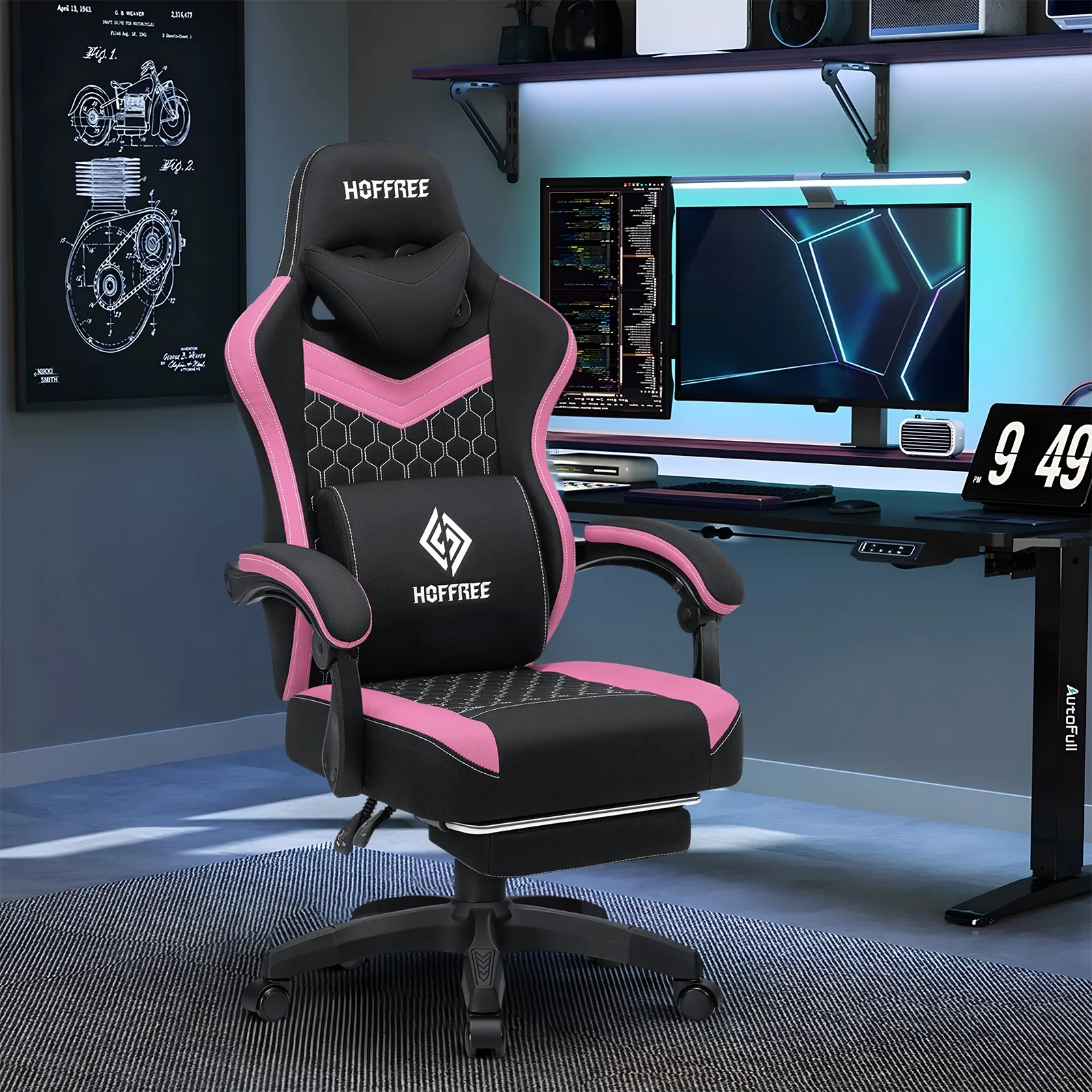 Hoffree Gaming Chair with Massage Fabric Office Chair with footrest for Adults, Ergonomic Gamer Chair with Headrest and Lumbar Support for Office Gaming, 440 LBS - Image 27