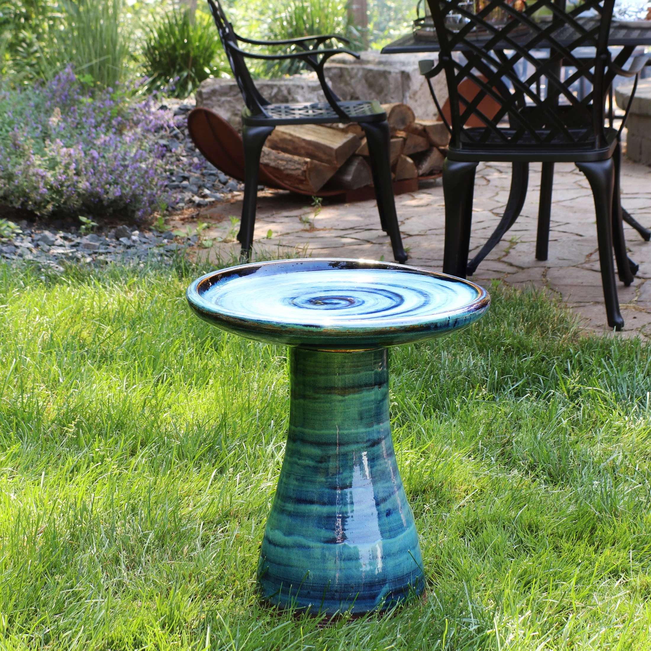 Sunnydaze Freestanding Ceramic Outdoor Bird Bath, Glazed, UV-Resistant Galaxy Blue Finish - Image 12