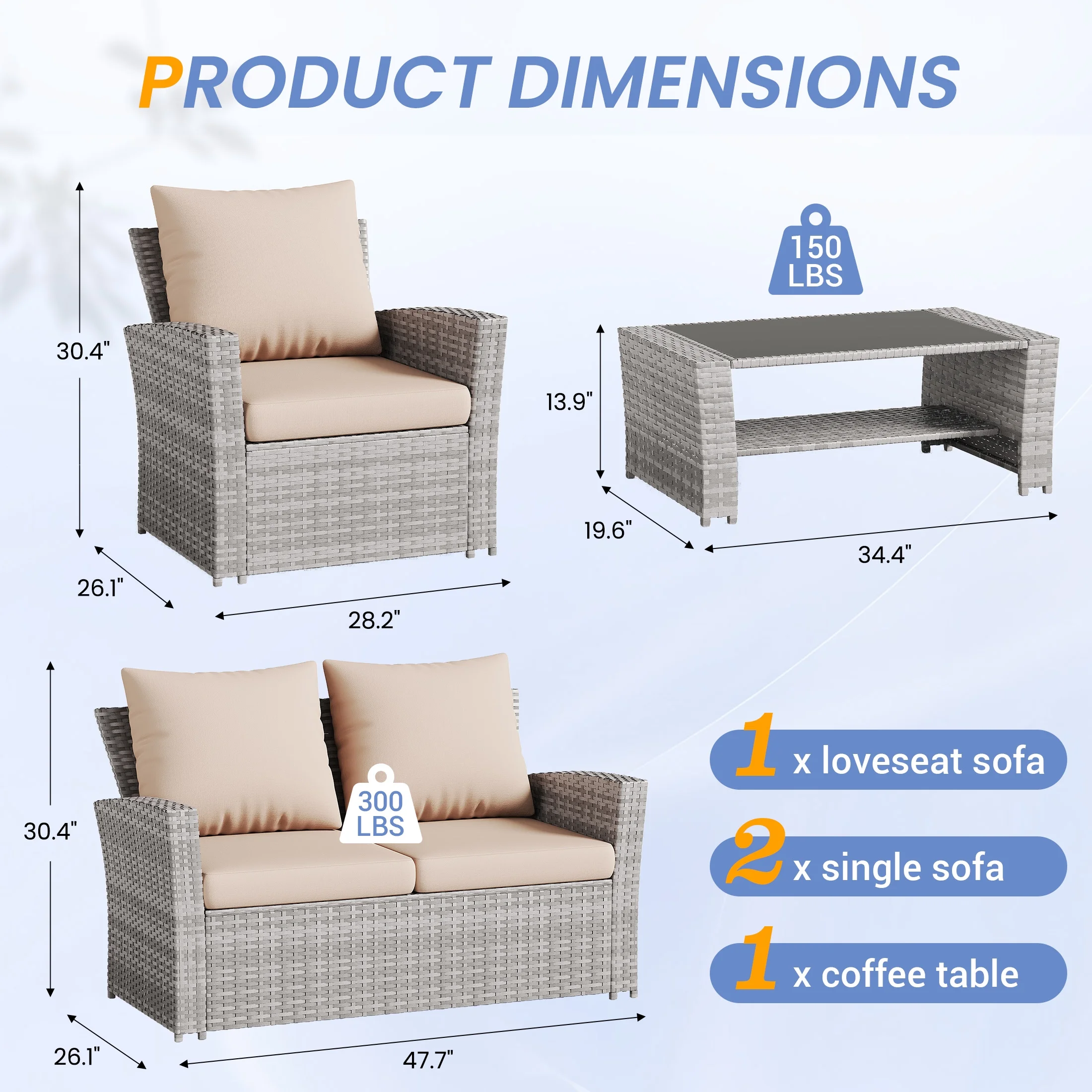 UDPATIO Wicker Patio Furniture Set, 4 Piece Outdoor Sectional Conversation Sets, Gray PE Rattan Patio Sofa Set for Balcony, Porch, Backyard, Grey - Image 24
