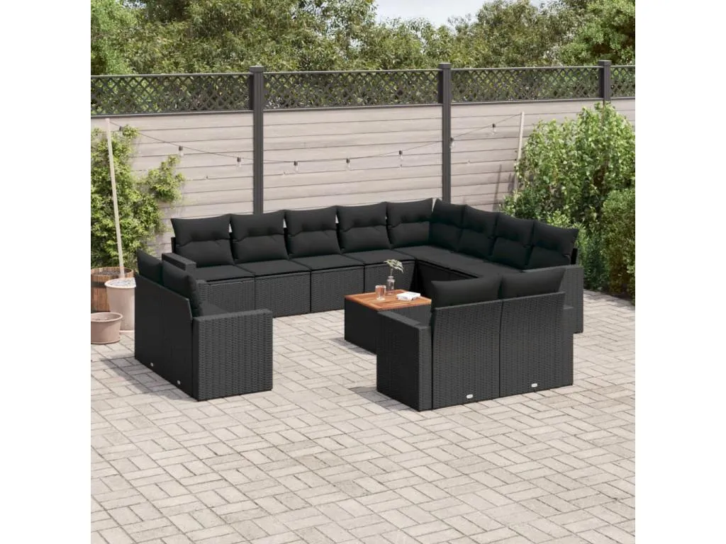 Set de sofás de jardín y cojines 13 pzas ratán sintético negro