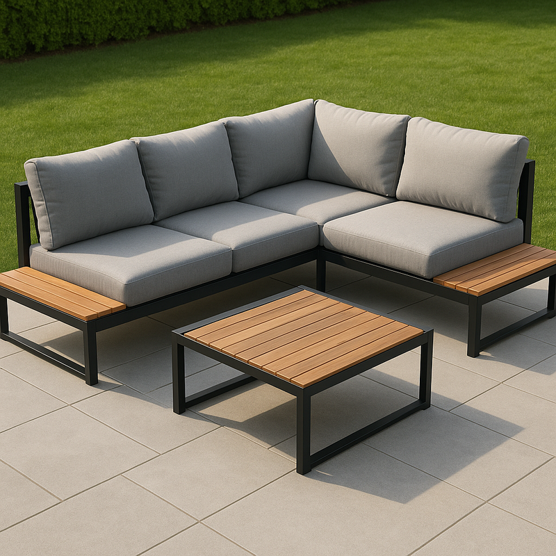 Conjunto de Muebles para Exterior Sofá Esquinero Gris Aluminio y Madera