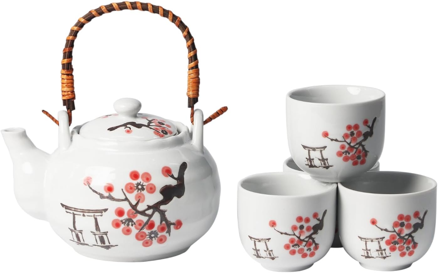 Urban Tokyo Japanese Cherry Blossom Torii Gate Design Tea Set, 22 oz Ceramic Teapot with 4 Cups, White with Bamboo Handle