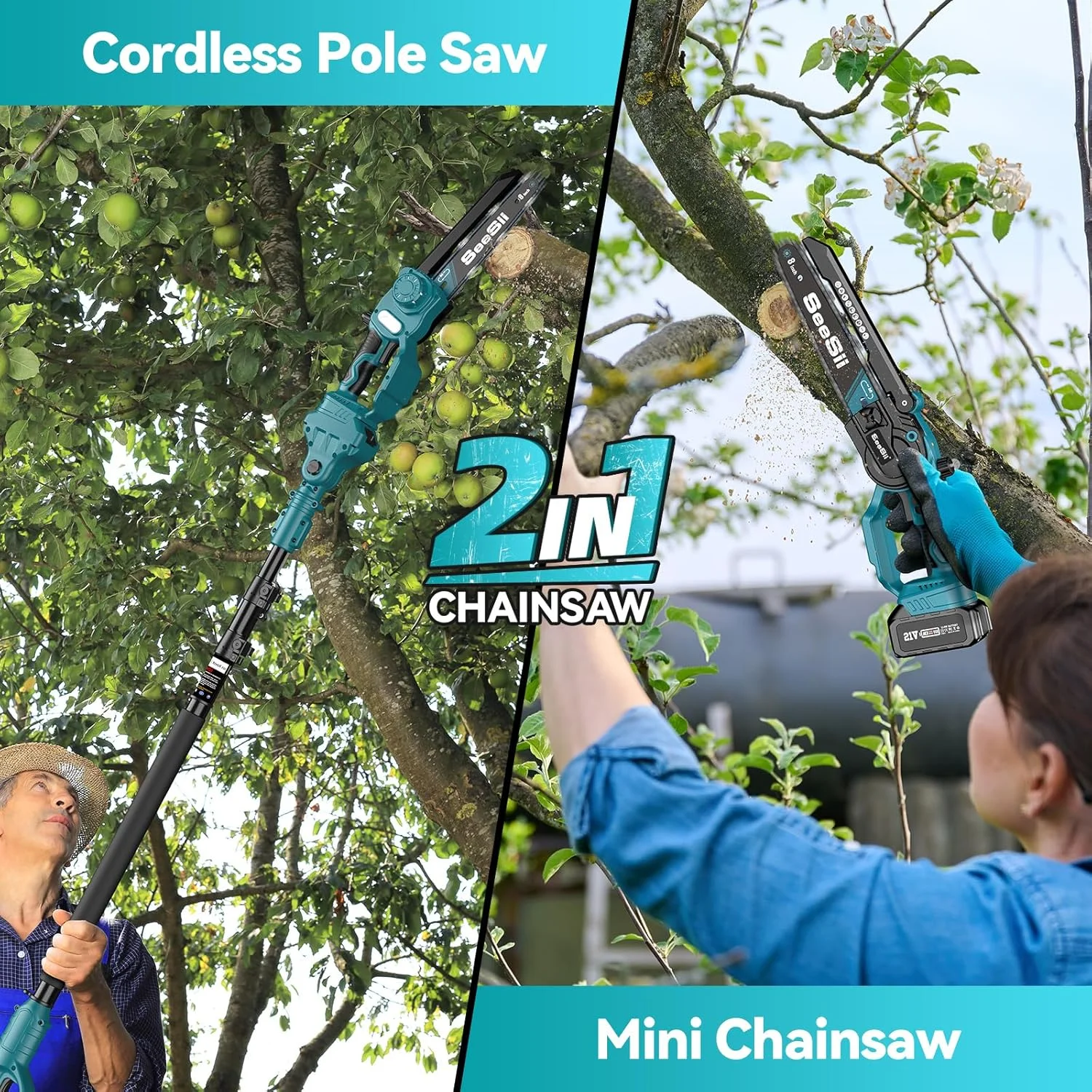 Seesii 2-in-1 Cordless Pole Saw, 8 Inch Brushless Mini Chainsaw with Extension Pole, 16ft Max Pole Saws with 2x 21V Batteries for Tree Trimming, Branches Pruning, Wood Cutting - Image 2