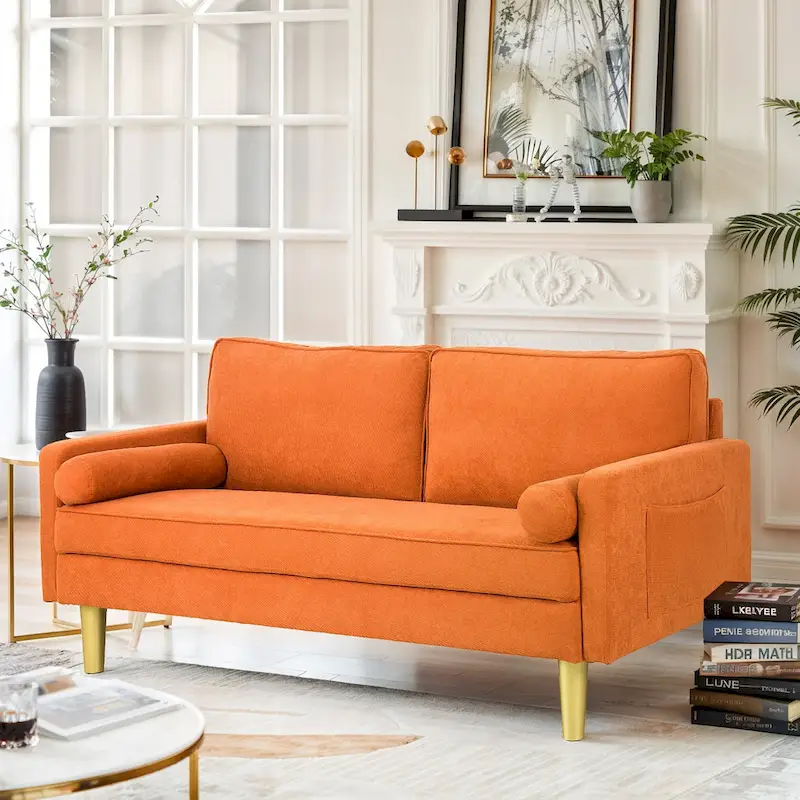 Elegant 65-Inch Orange Polyester 2-Seater Loveseat with Side Pockets and Round Cushions