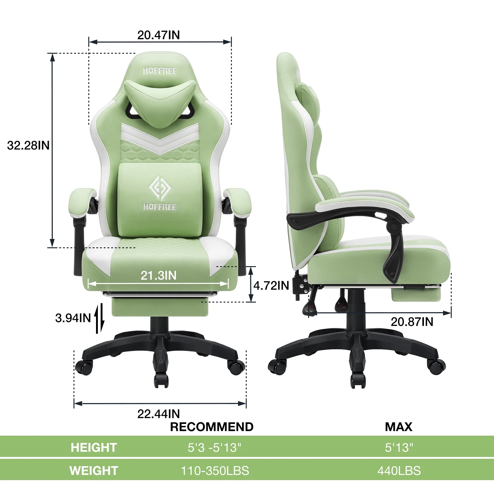 Hoffree Gaming Chair with Massage Fabric Office Chair with footrest for Adults, Ergonomic Gamer Chair with Headrest and Lumbar Support for Office Gaming, 440 LBS - Image 20