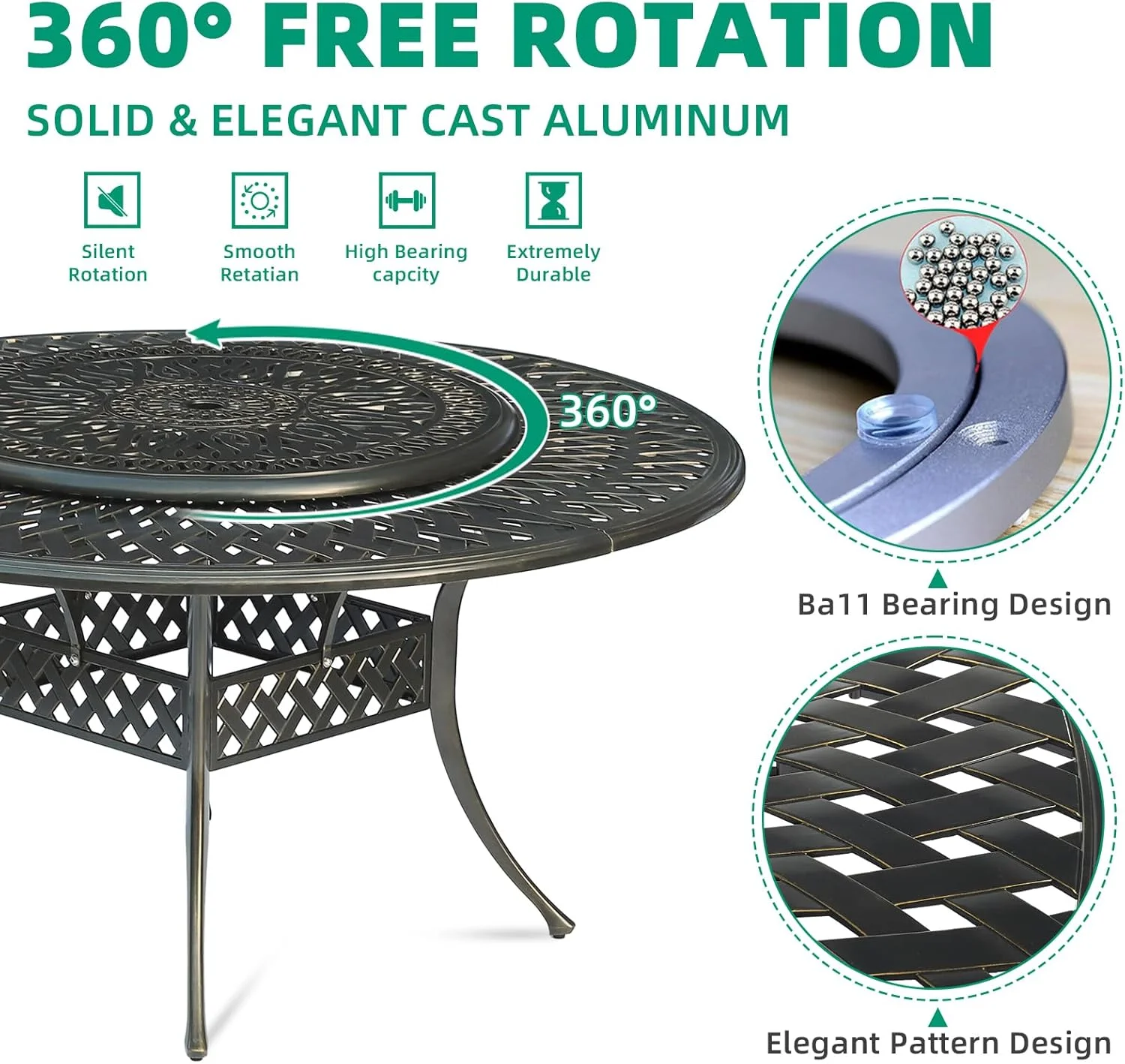 VIVIJASON Outdoor 61" Patio Dining Table for 6-8 Person, Large Patio Round Dining Table with 24" Lazy Susan, Dark Bronze Cast Aluminum Rustic Patio Table W/Umbrella Hole for Balcony, Porch and Deck - Image 12