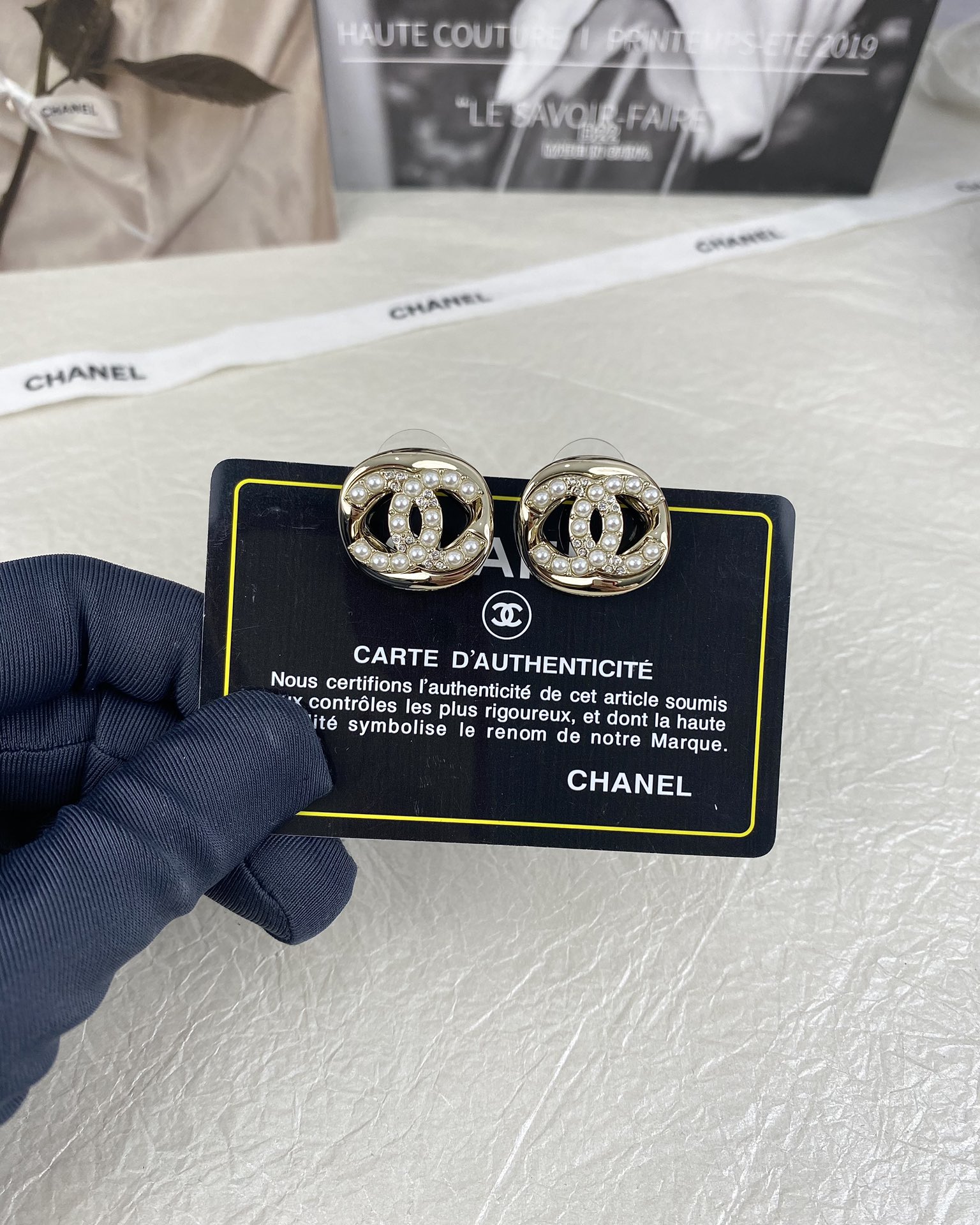 Chanel Diamond and Pearl  CC Pearl Stud Earrings - Original Replica Club