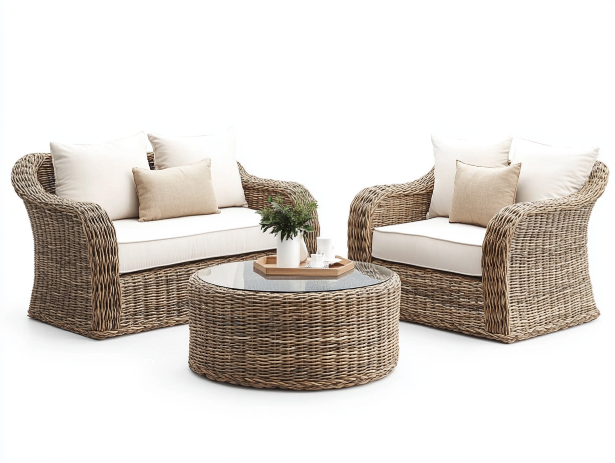 Conjunto de jardín con sofá doble, sillón y mesa redonda, estructura de ratán sintético y cojines beige