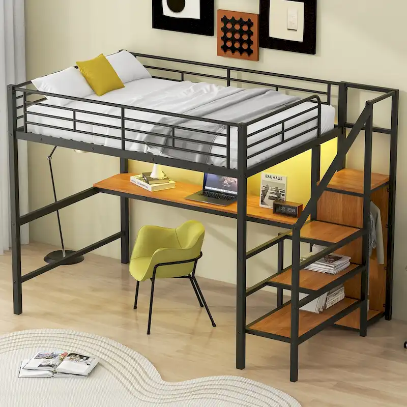 Complete Loft Bed Set with Desk, Storage Staircase, Compact Wardrobe, and LED Lighting