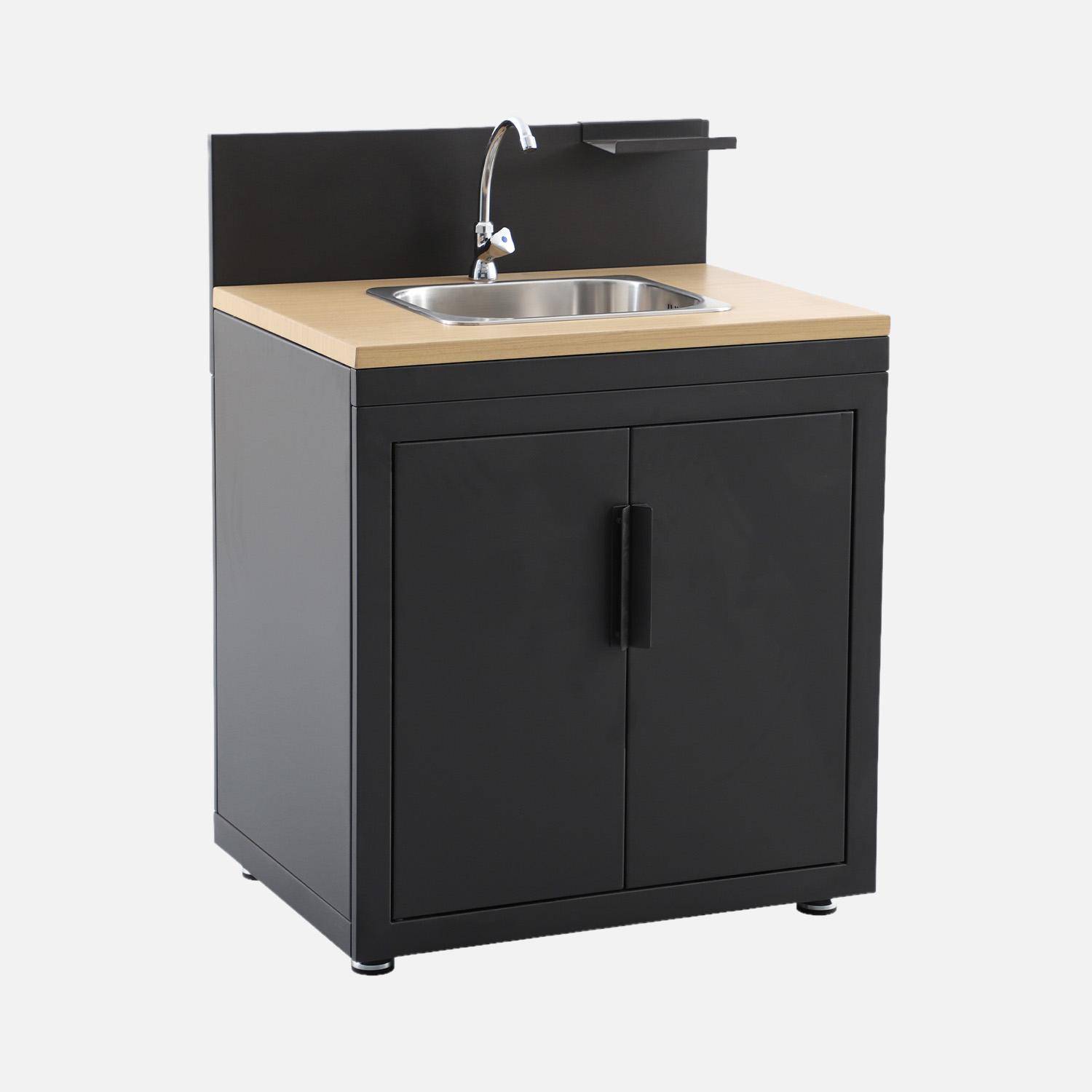 Milos - Cocina exterior de acero y decoración de madera 1 fregadero 2 puertas 1 gancho, 80cm