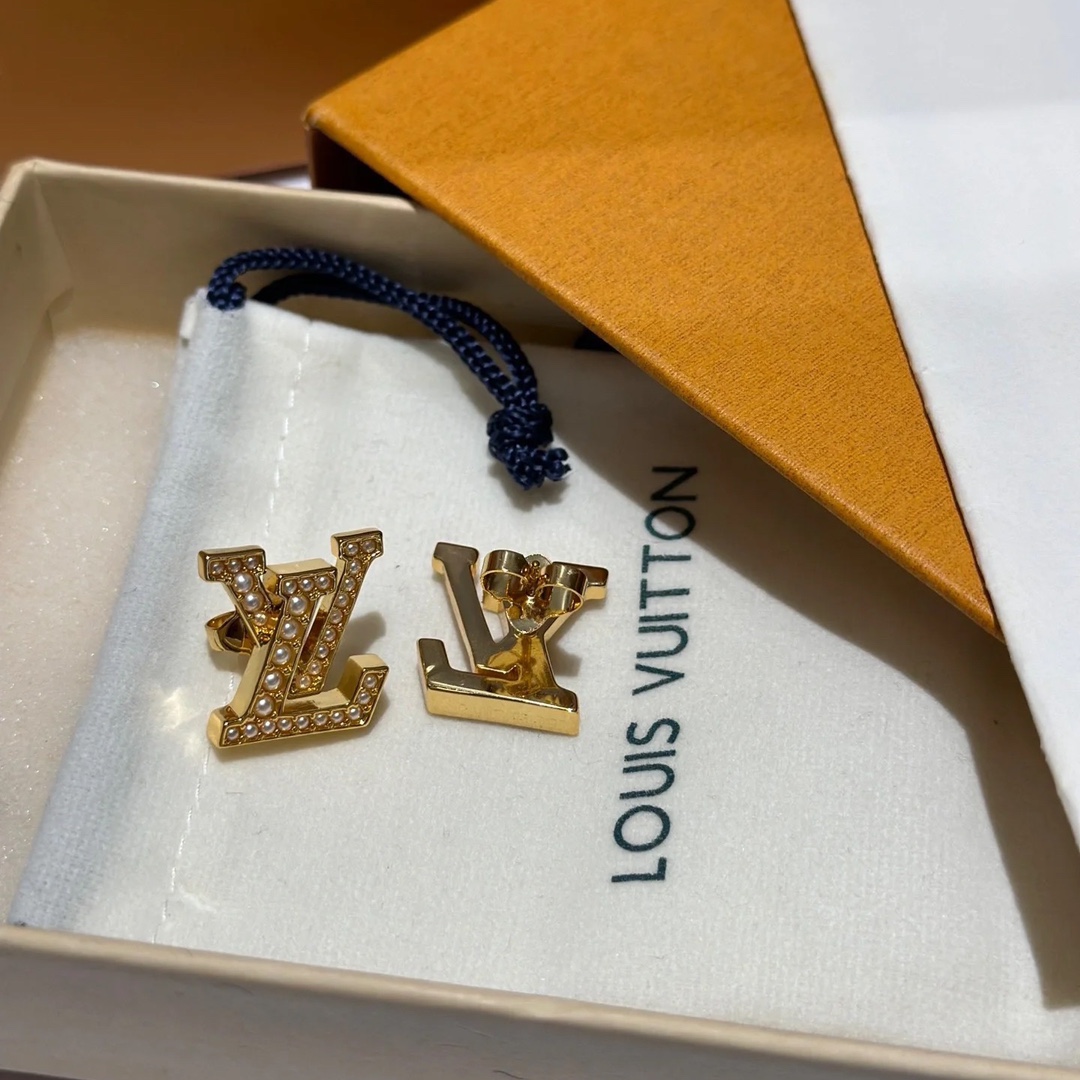 Louis Vuitton Pearl Paved LV Letter Stud Earrings - Original Replica Club