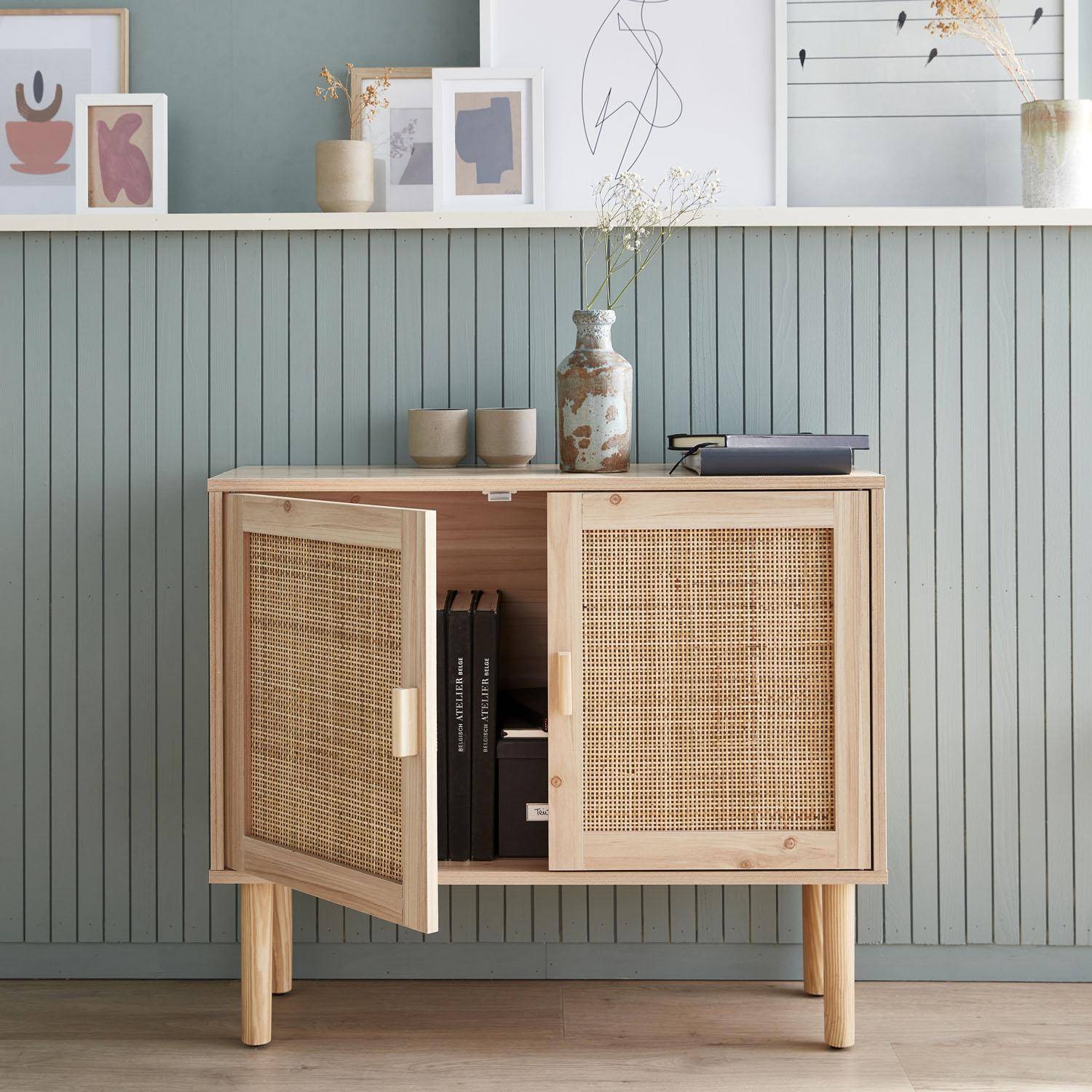 Camargue - Aparador efecto caña y madera con 2 puertas, 80cm