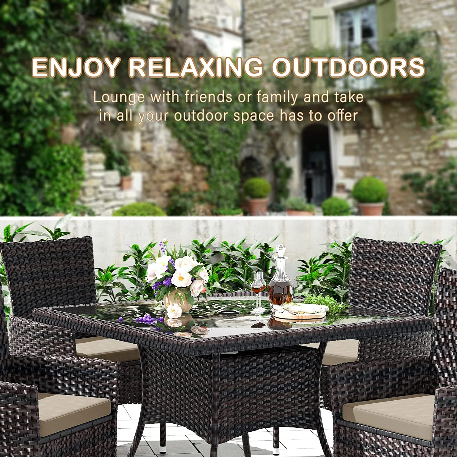 ALAULM 5 Pieces Patio Dining Set Outdoor Rattan Furniture with Square Glass Tabletop 4 Chairs with Cushions for Patio, Backyard Outdoor Kitchen Lawn & Garden Blue - Image 35