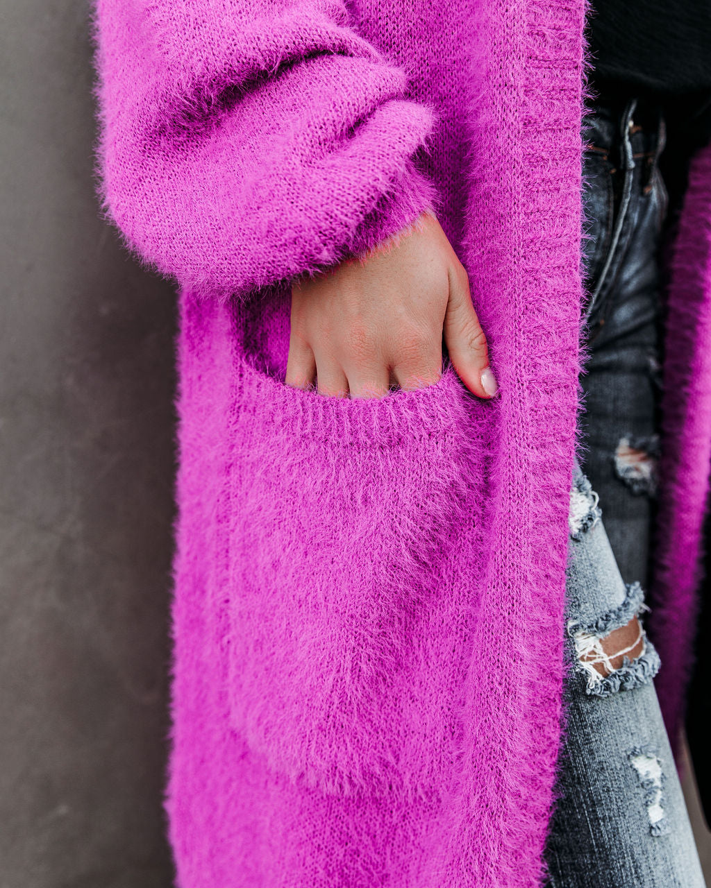 Glorious Pocketed Fuzzy Knit Cardigan - Magenta - Se7enfashion