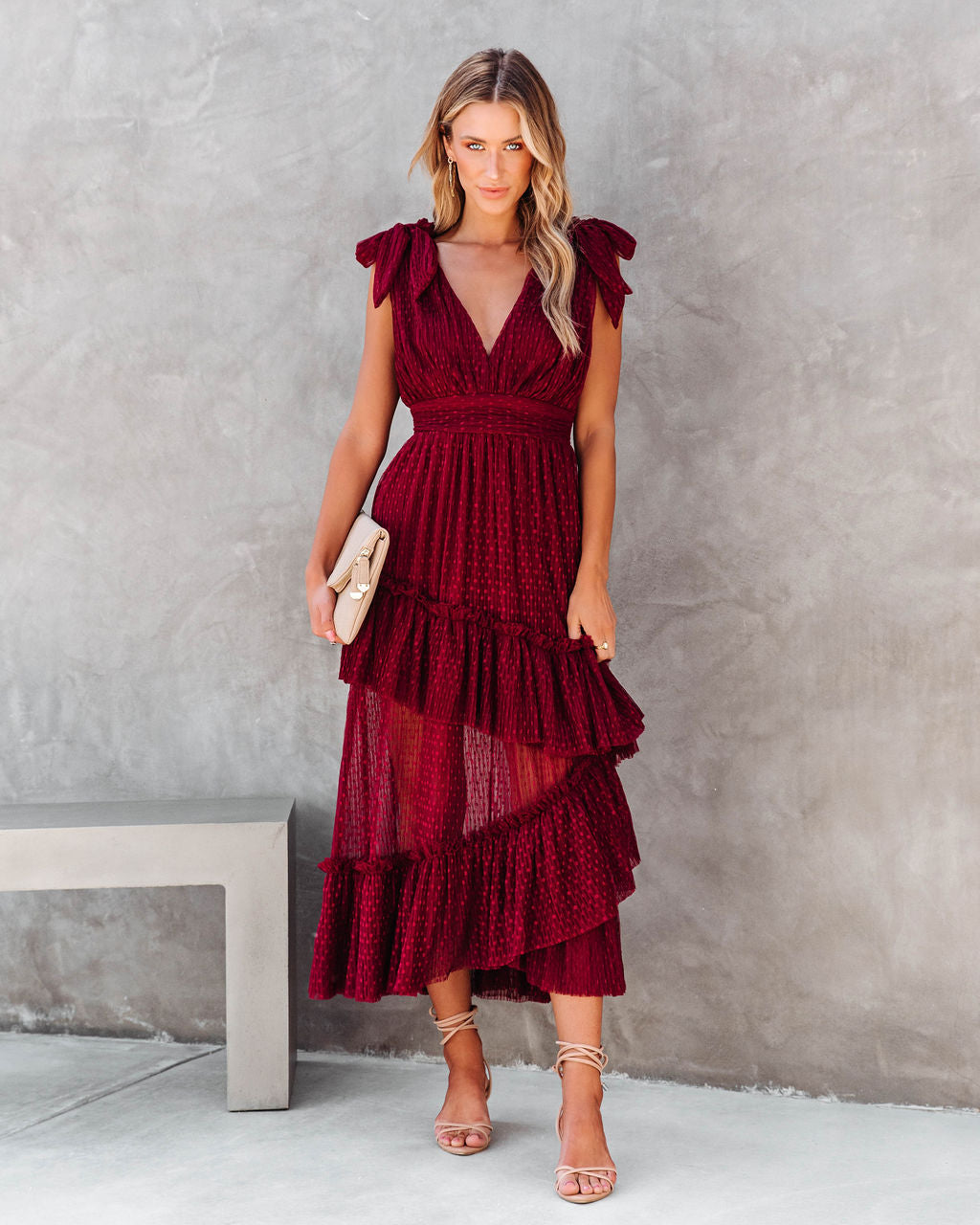 Carrie In Paris Tiered Tulle Midi Dress - Wine - Se7enfashion
