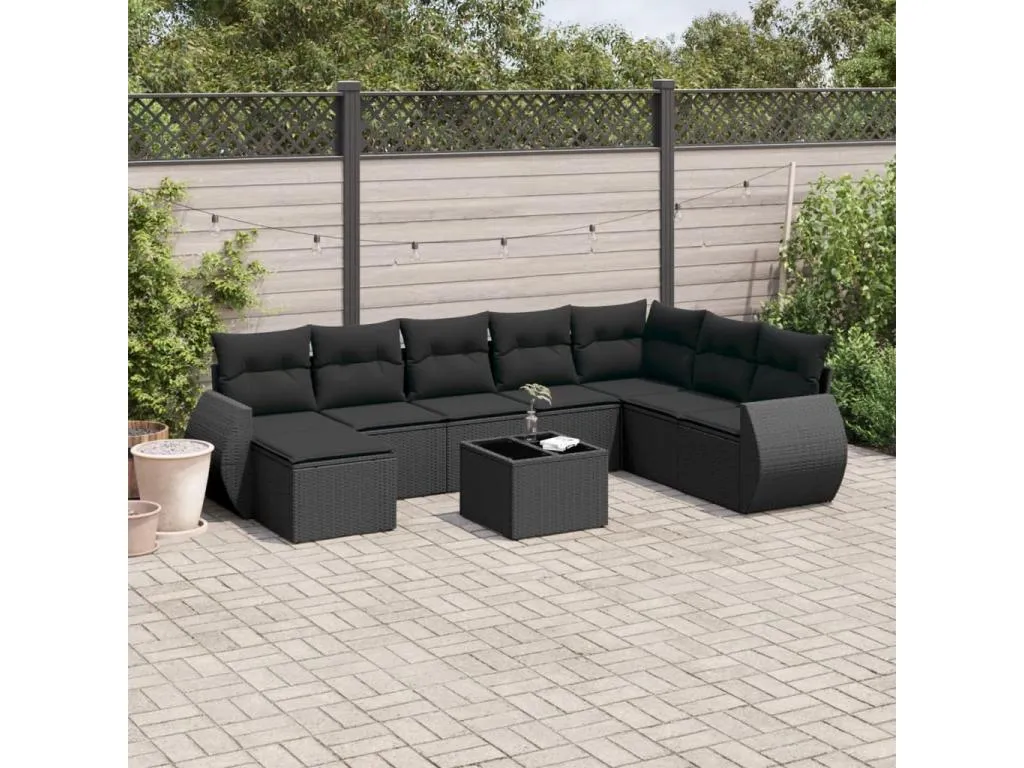 Set de sofás de jardín 8 piezas y cojines ratán sintético negro 00364IDWR