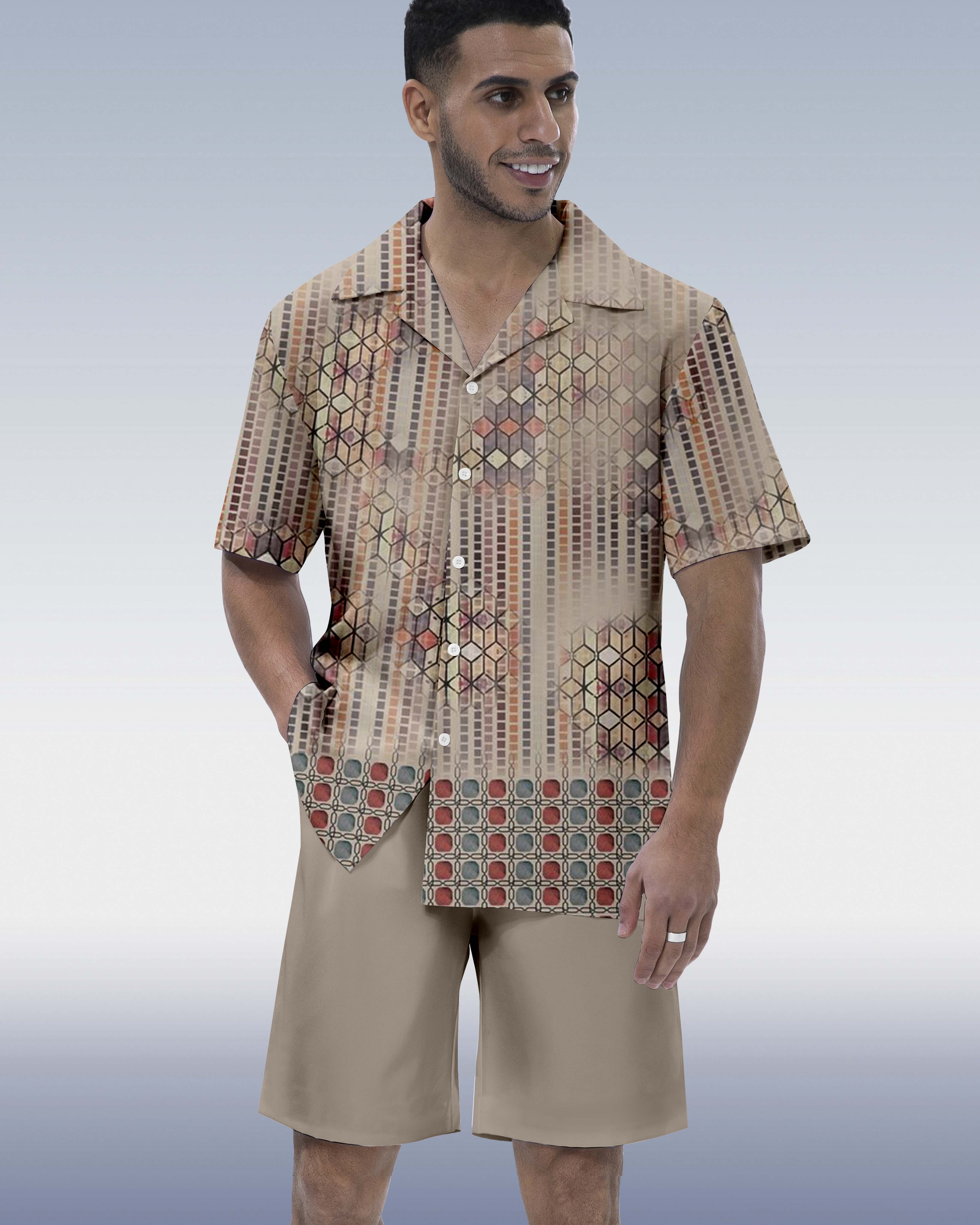 Men's Ombre Contrast Ethnic Print Hawaiian Vacation Short Sleeve Suit 070