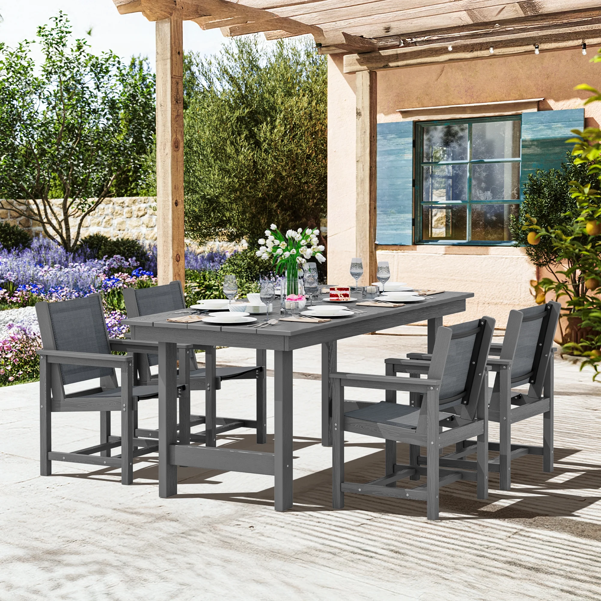 SERWALL Outdoor HDPE Dining Table Set, 7-Piece Outdoor Dining Table Sets with Umbrella Hole, Grey - Image 43