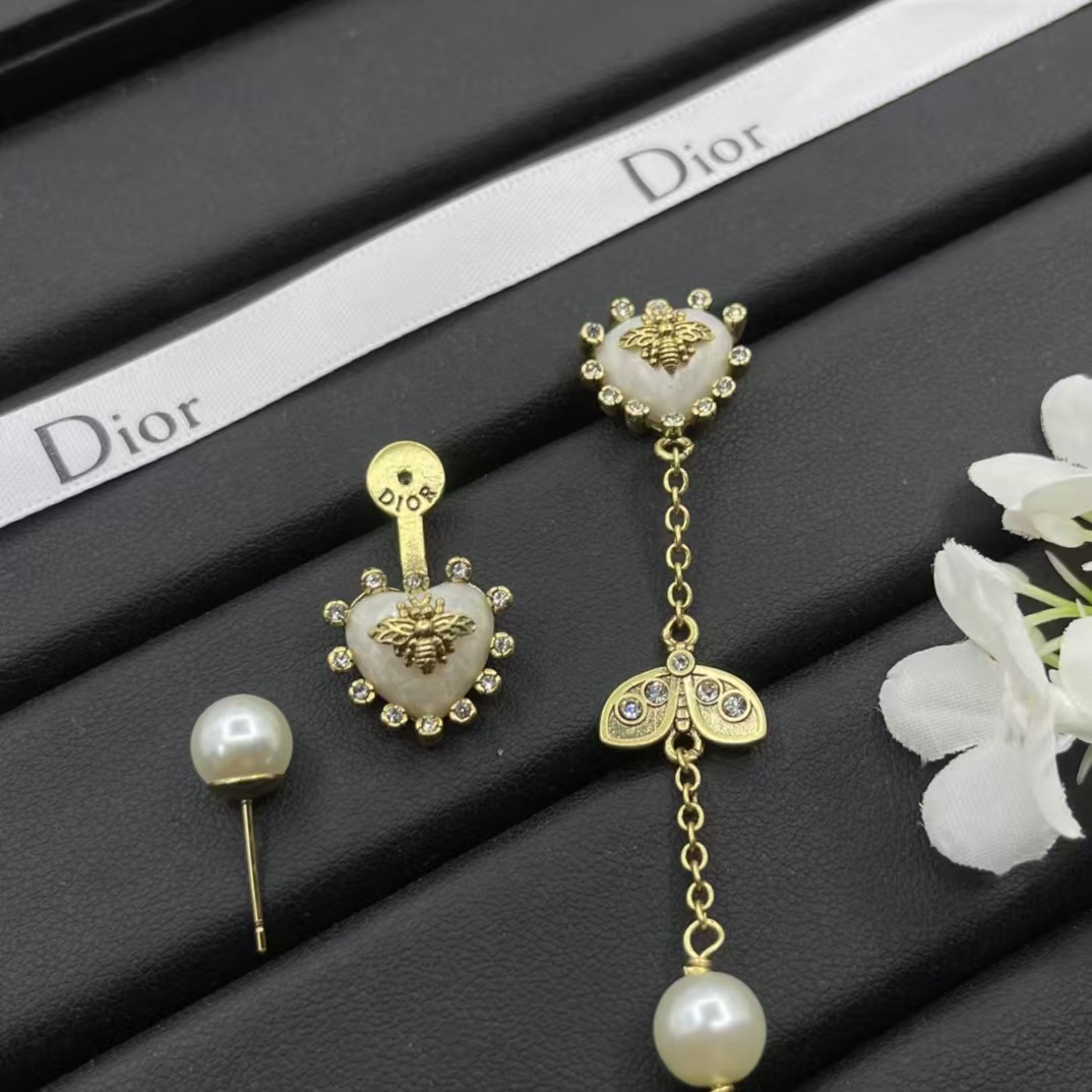 Dior Asymmetric Bee Heart Stud Long Drop Star Earrings - Original Replica Club