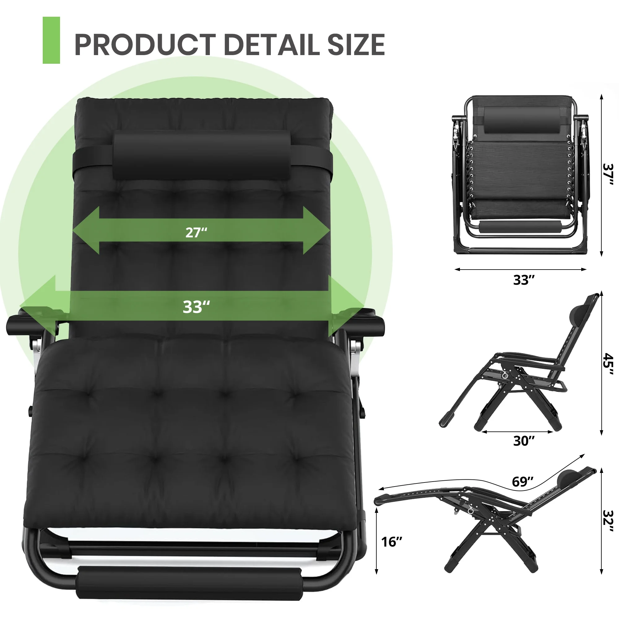 GVDV Oversized Zero Gravity Chair, 33In XXL Lounge Chair with Removable Thick Cushion, Lawn Patio Reclining Chair Upgraded Alloy Lock and Cup Holder, for Indoor Outdoor, Black - Image 2