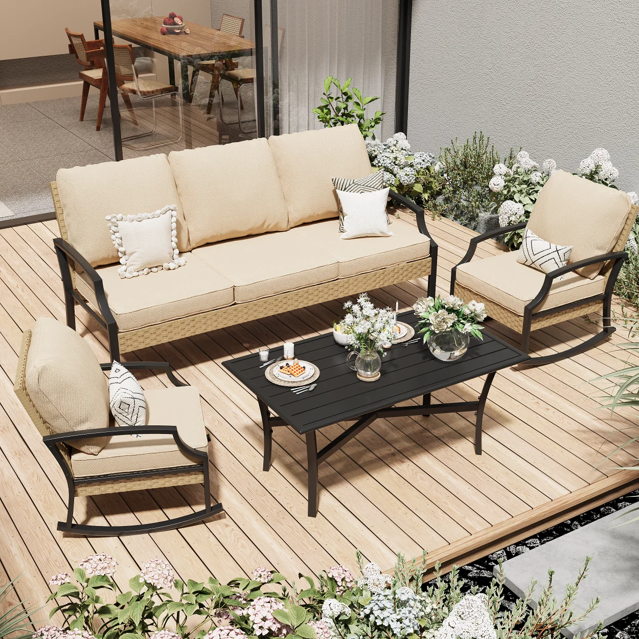 AECOJOY Patio Furniture Sets On Sale,Metal Outdoor Furniture Sets Clearance,Wicker Rattan Patio Conversation Sets For Porch, Garden and Backyard,Beige - Image 7