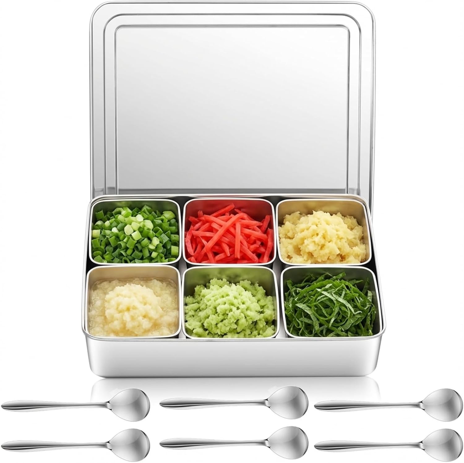 Boao 8 Compartment 304 Yakumi Pans Stainless Steel Mise En Place Japanese Yakumi Tins Seasoning Condiment Container with Lids Spoons for Food Meal Prep Organizer for Kitchen Salad Spices Herbs, Masala