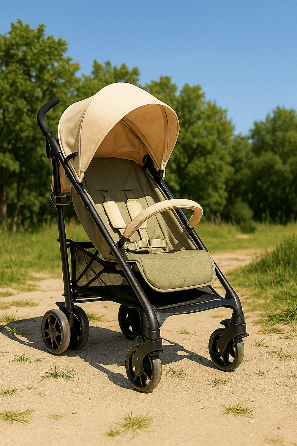 Cochecito de bebé, carrito ligero con respaldo ajustable en 4 posiciones y arnés de seguridad, hasta 22 kg, colores beige y verde oliva, apto para 0 - 48 meses