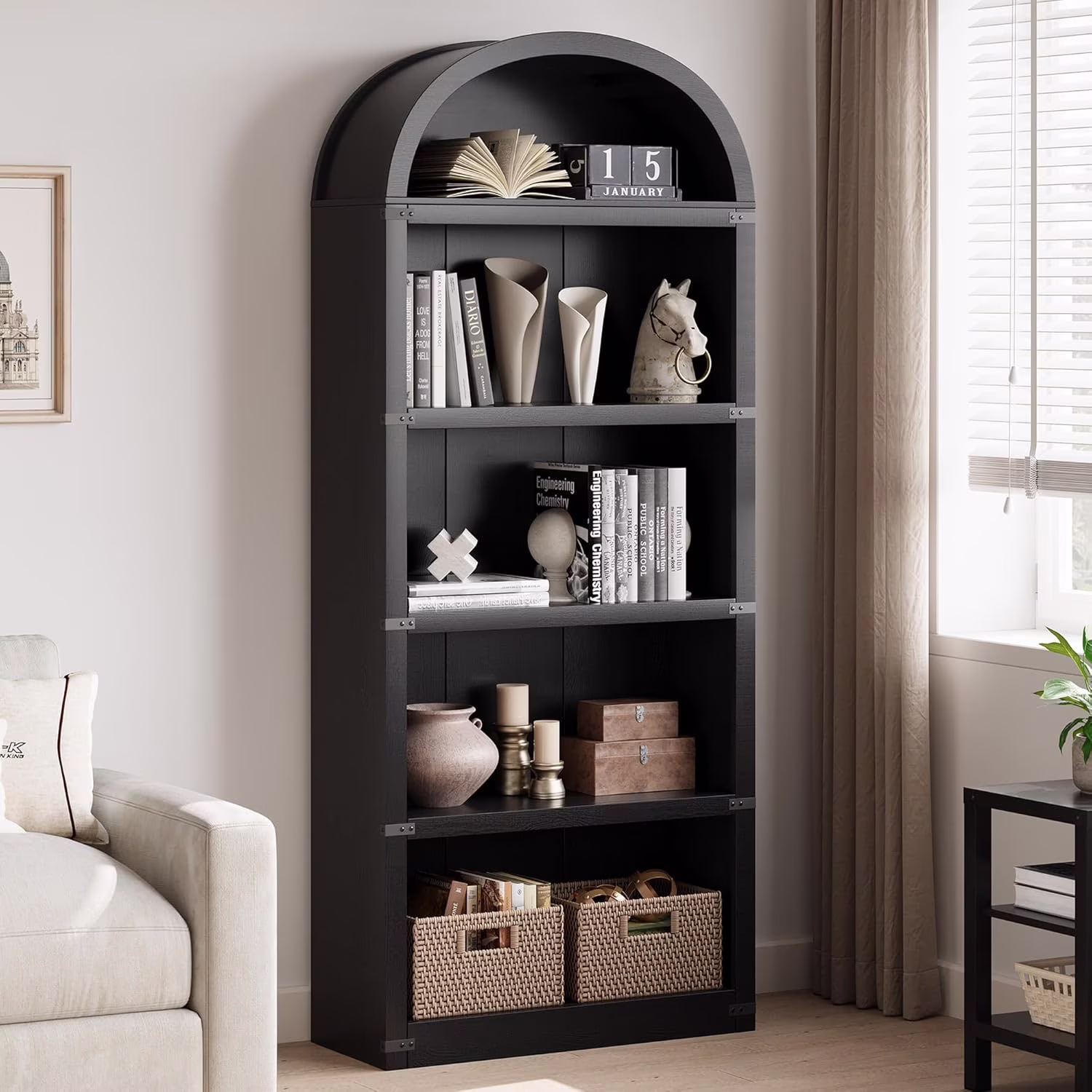 Bookcase 5 Shelf Arched Bookshelf 71.65in Tall Bookcase Farmhouse Display Storage Rack Wooden Bookshelves for Home Office, Living Room(white) - Image 5
