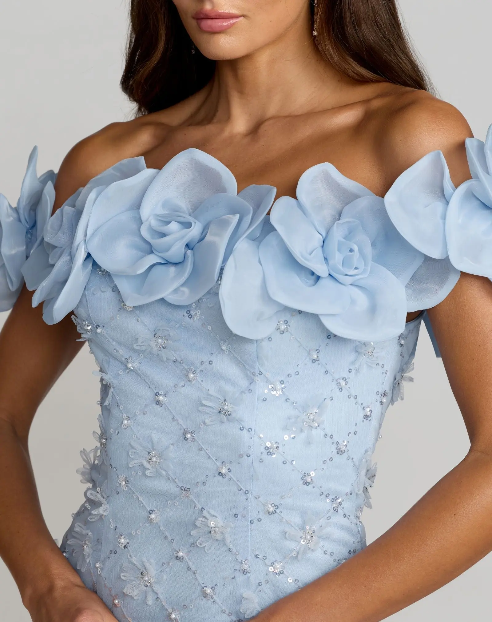 Blue Off The Shoulder Embellished Dress With 3D Flower Detail - Special Events Unlimited