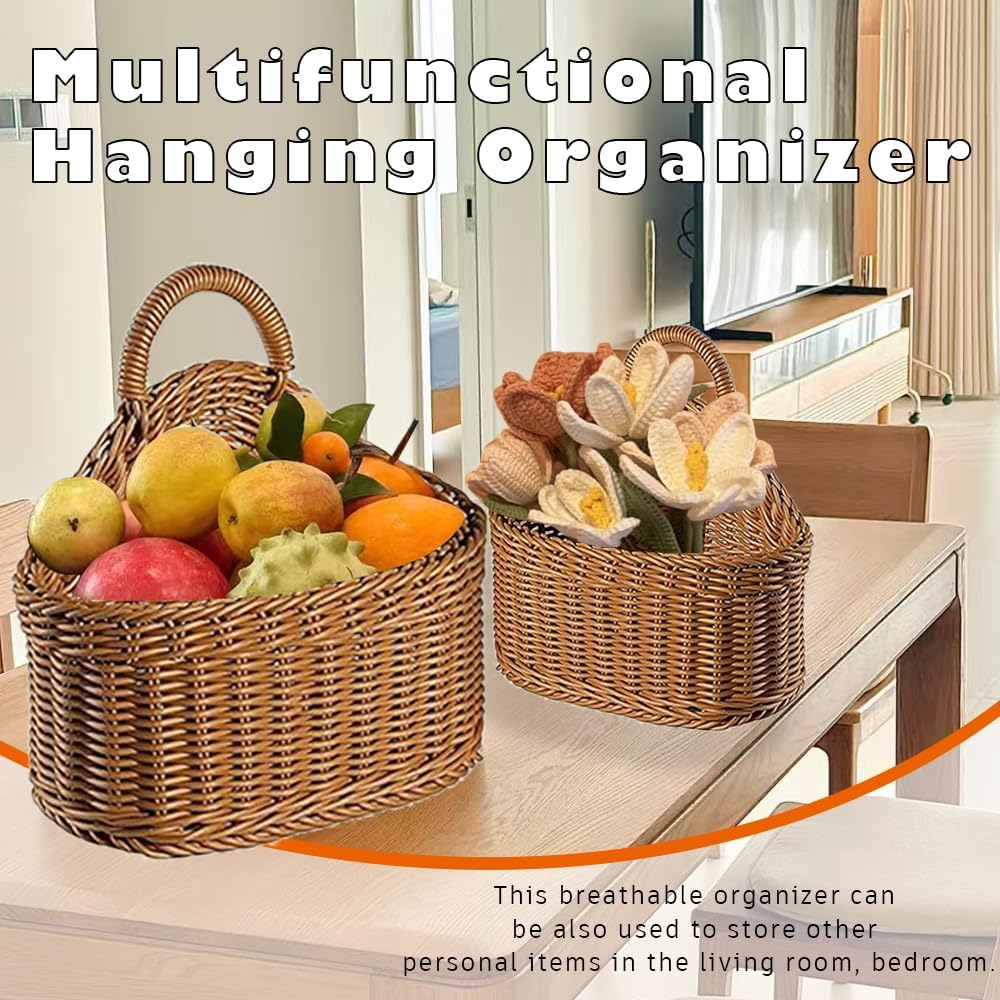 Japanese Rattan Style Storage Baskets, 2-Pack (Small & Large) Kitchen Organizer Hanging Baskets for Garlic, Onion, Fruits, Remote Control, Bathroom Supplies, Brown Oval Countertop or Wall Mount