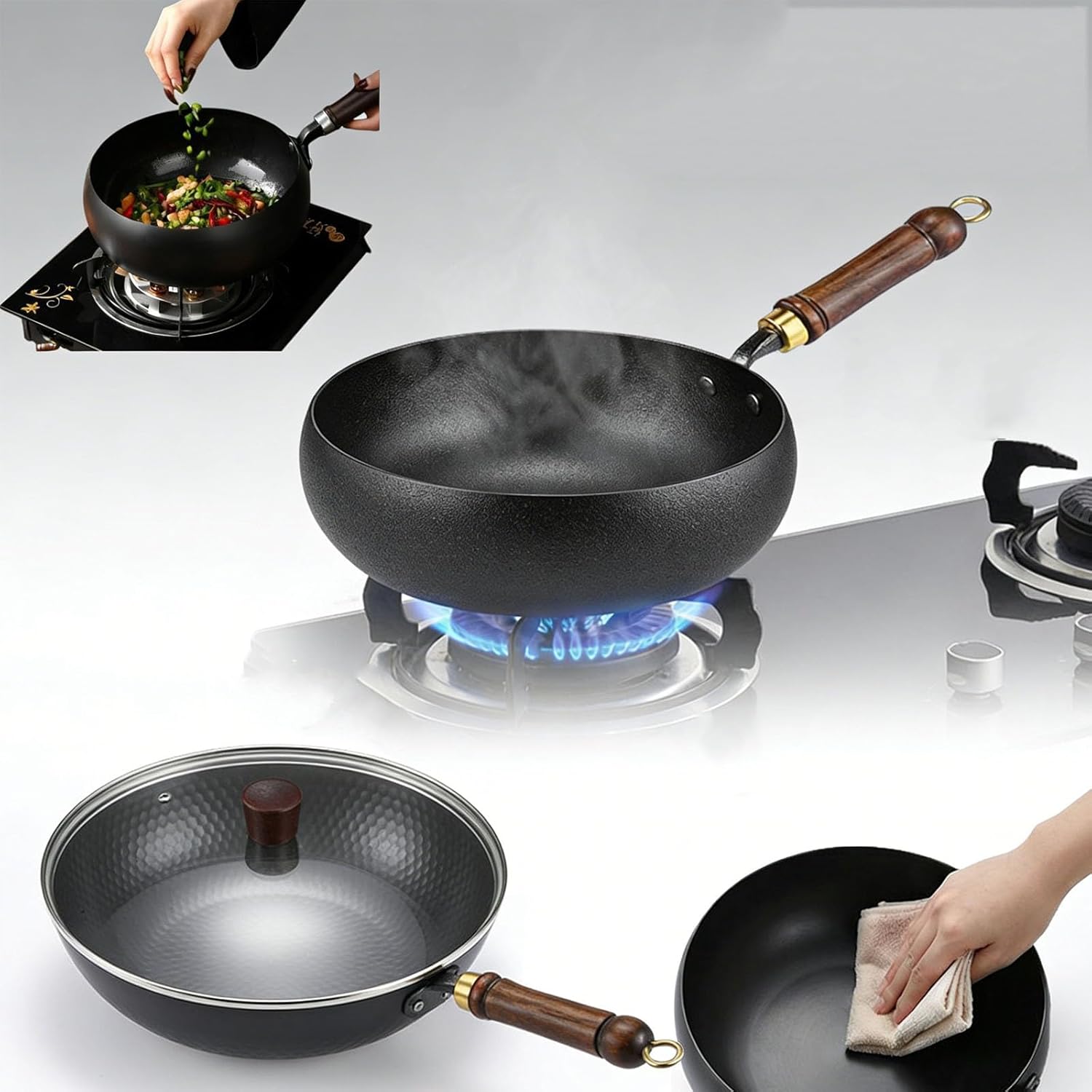 Uncoated Thick Iron Pot,Japanese Casts Irons Cookware,24cm Pure Iron Wok with Lid,Handmade Multifunctional Non Stick Cast Irons Skillet,High Purity Frying Pan for Cooking (24cm with cover)