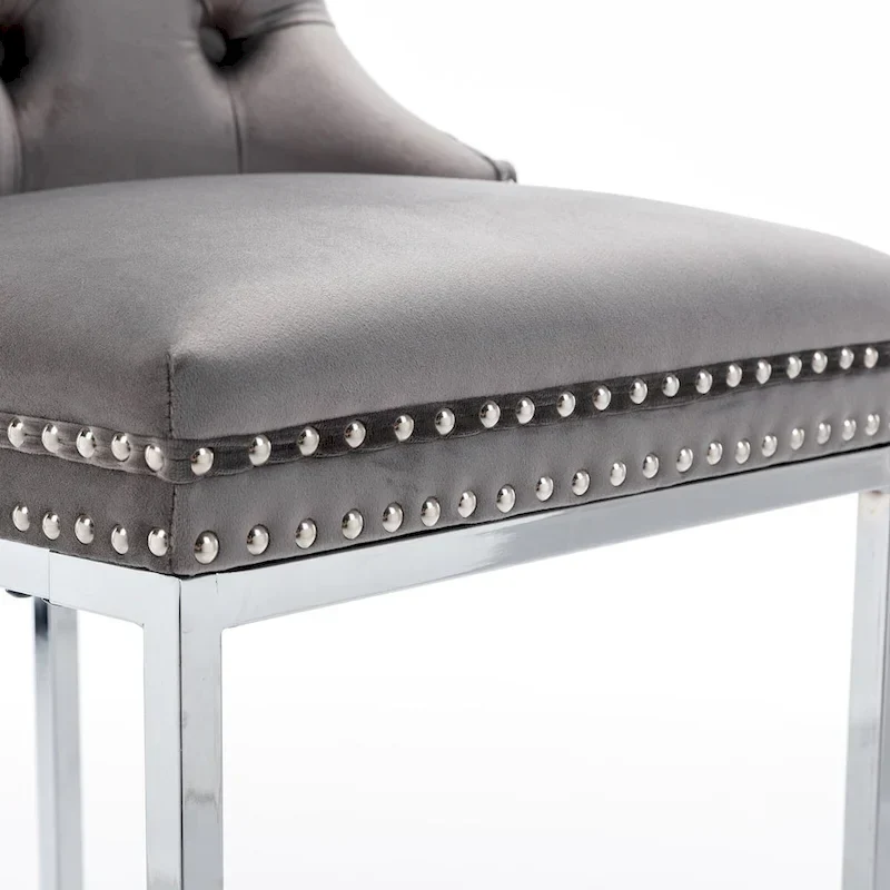 Contemporary Set of 2 Bar Stools with Button-Tufted Back and Studded Trim, Chrome Metal Base - Ideal for Dining Room, Living Room, and Bedroom