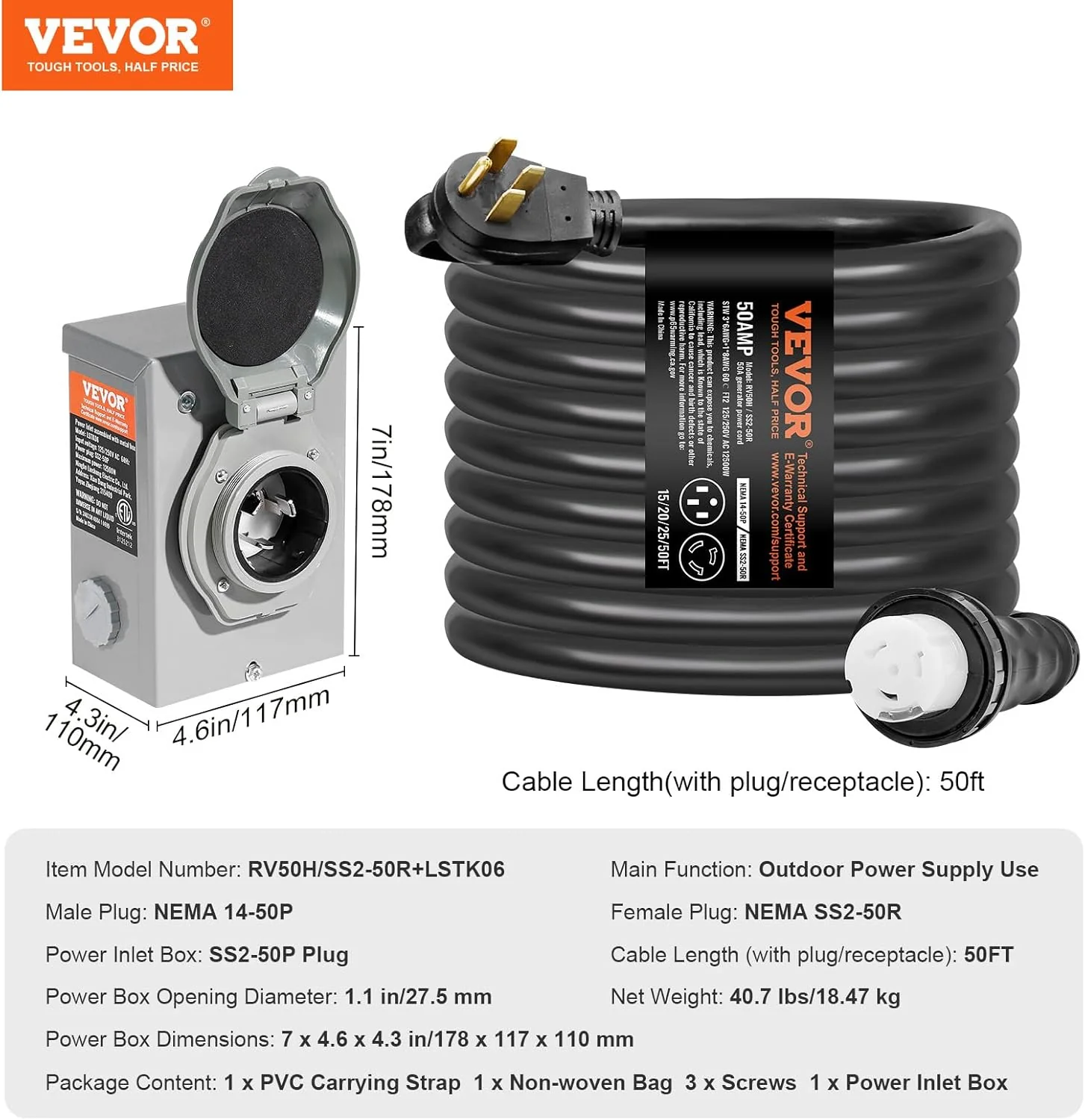 VEVOR 50 Amp Generator Cord And Power Inlet Box Kit, 50-Foot, NEMA 14-50P/SS2-50R, 6/3+8/1 AWG - Image 7 VEVOR 50 Amp Generator Cord And Power Inlet Box Kit, 50-Foot, NEMA 14-50P/SS2-50R, 6/3+8/1 AWG - Image 7