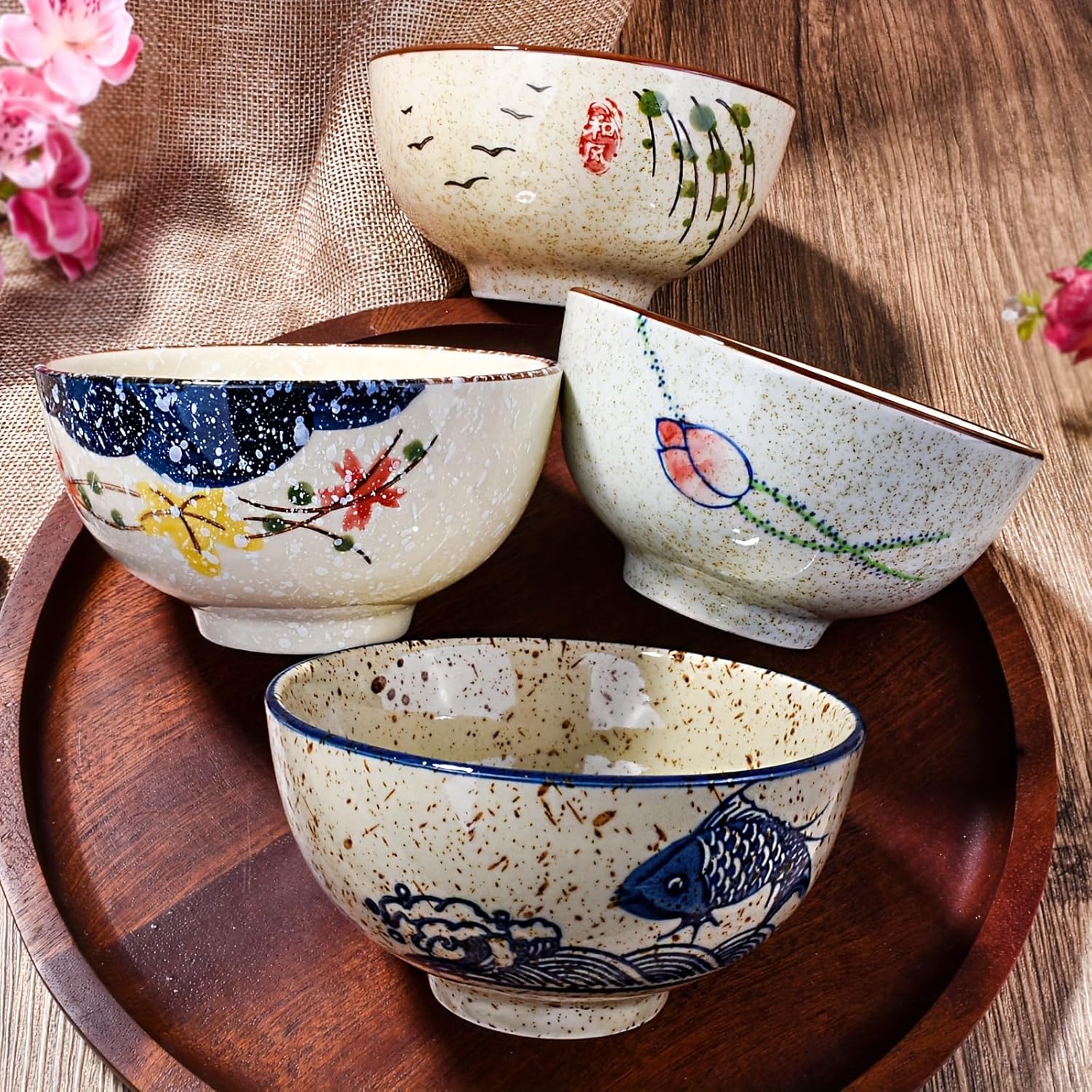 Japanese Retro Rice Bowls Set of 4 Hand-Painted Floral Design Ceramic Soup Sushi Bowls Small Cute Bowls