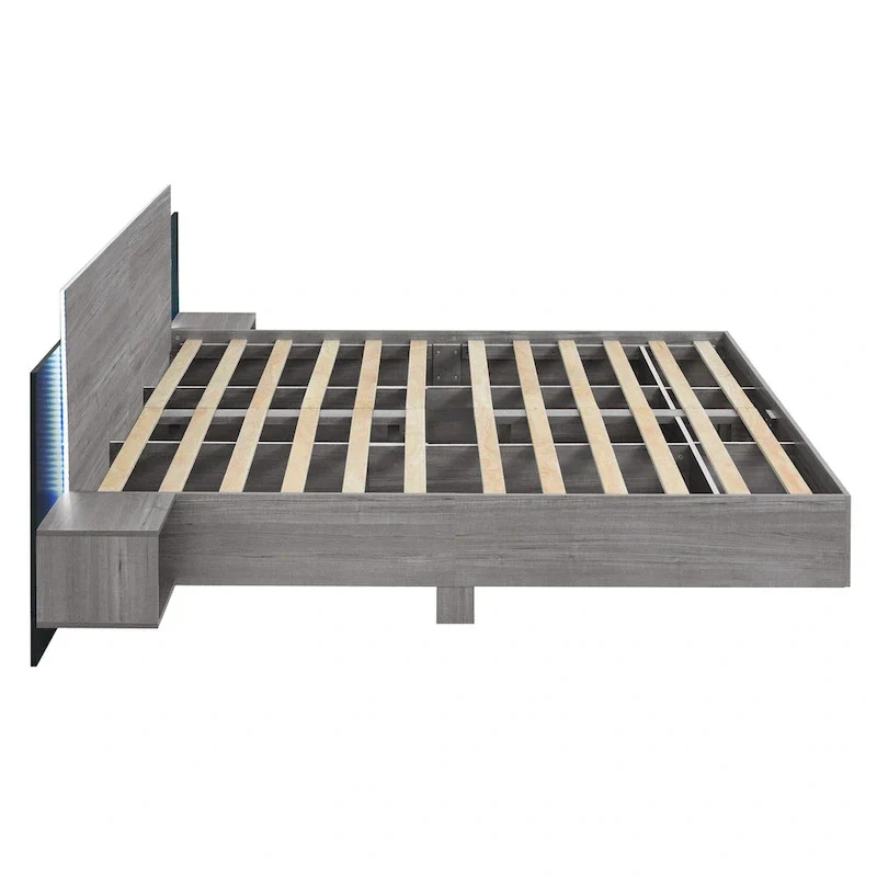 Modern King Size Wooden Floating Bed Frame with Nightstand and LED - Slatted Support Design