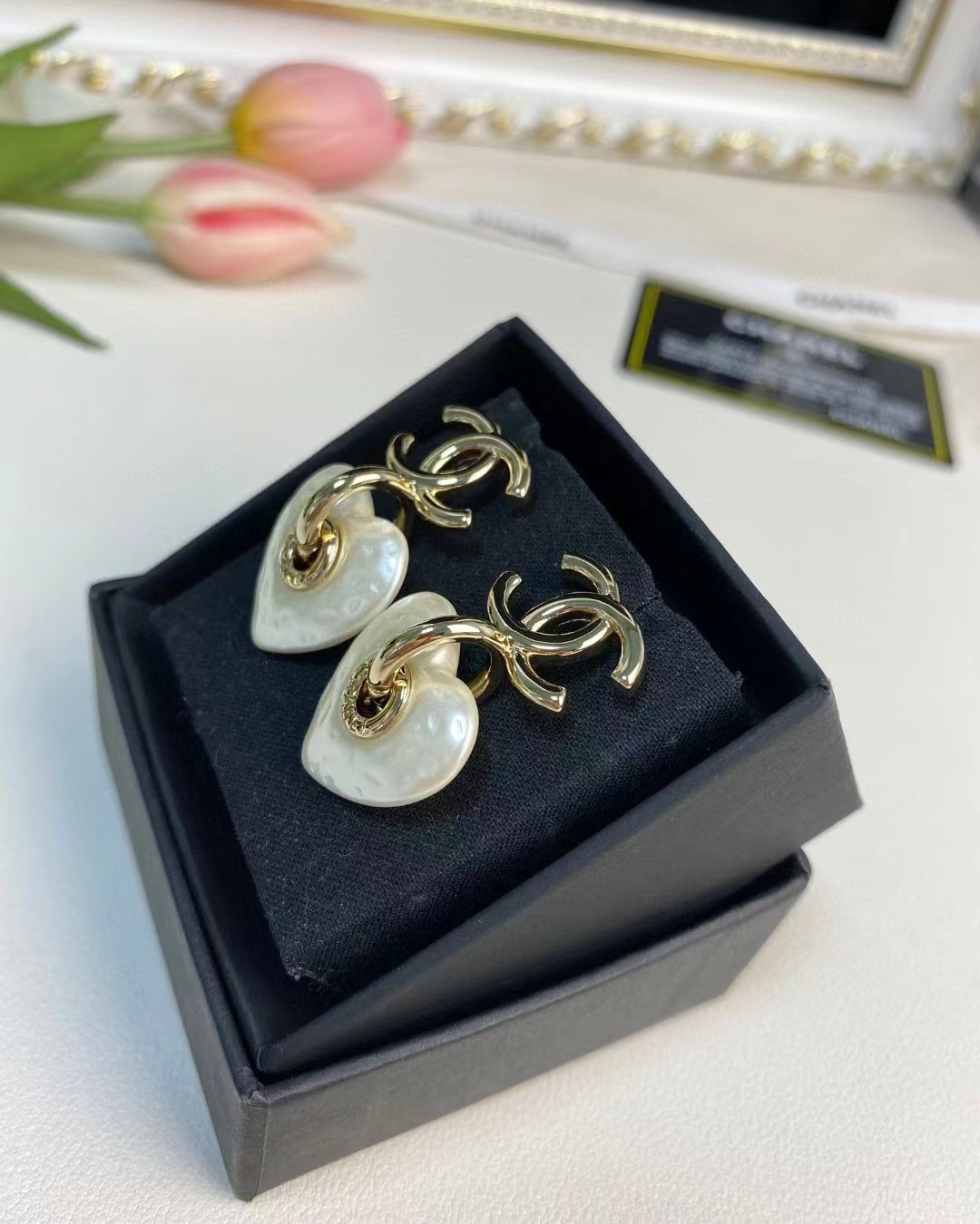 Chanel White Love Heart Double C Earrings - Original Replica Club