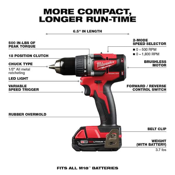 M18 18V Lithium-Ion Brushless Cordless Compact Drill/Impact Combo Kit (2-Tool) W/ (2) 2.0Ah Batteries, Charger & Bag - Image 3