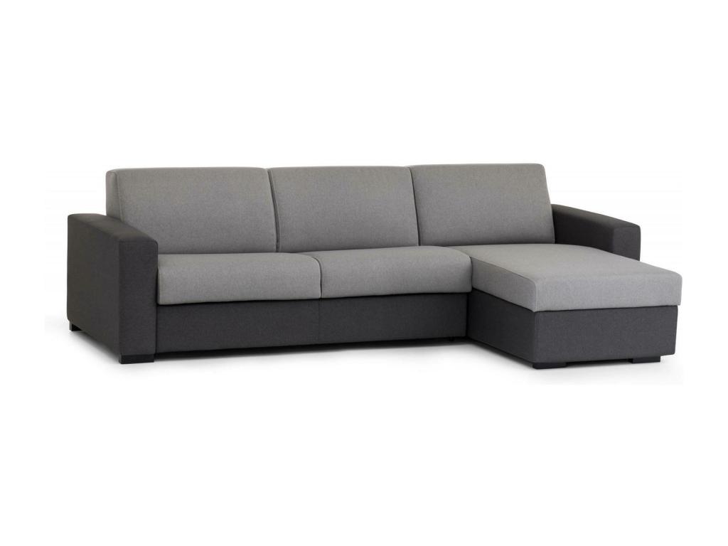 Sofá fijo Debora, Sofá rinconero, 100% Made in Italy, Sofá de salón, con península de almacenaje reversible, de tejido acolchado, con apoyabrazos finos, 260x95h90 cm, Bicolor gris