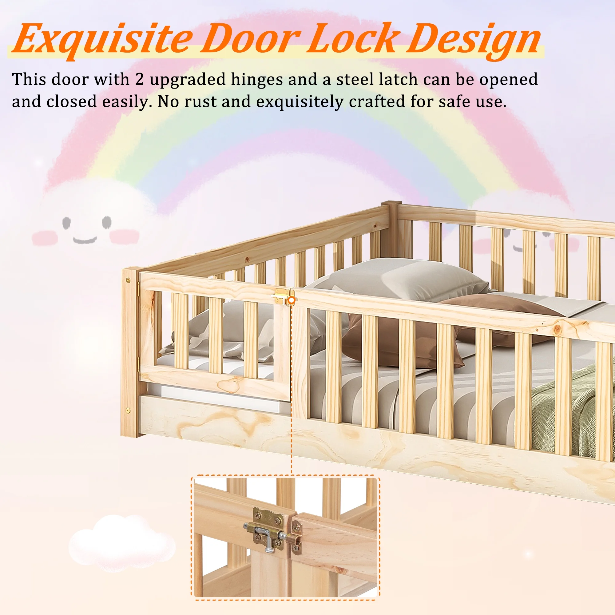 UHOMEPRO Twin Size Floor Bed with Door and Fence, Montessori Floor Bed with Slats and Safety Guardrails, Solid Wood Twin Bed Frame for Bedroom, White - Image 22