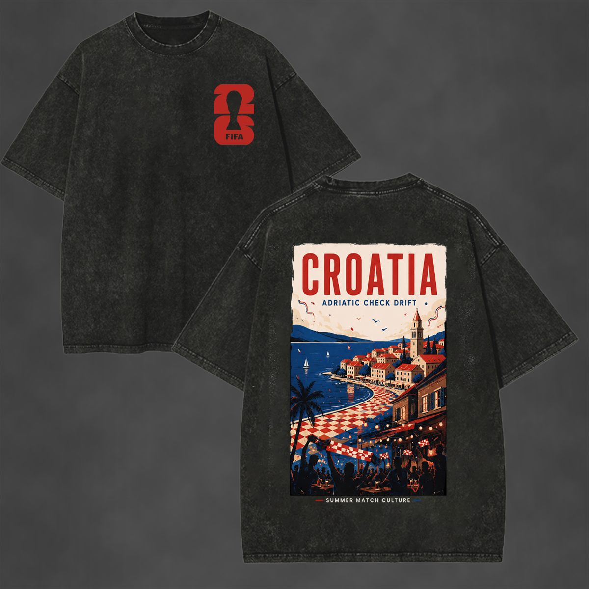 Croatia Adriatic Check Drift Printed Unisex Washed T-Shirt