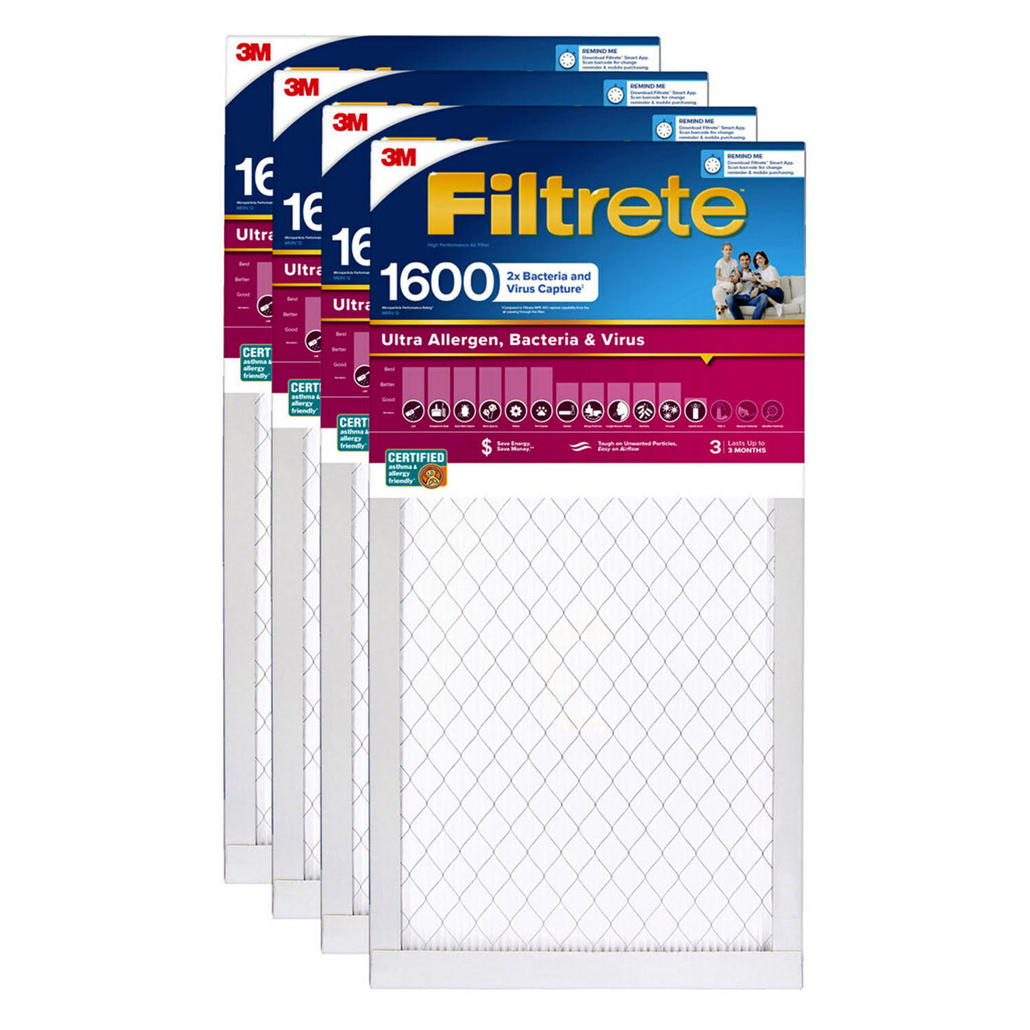 Filtrete Ultra Allergen 2x Bacteria Virus Filter (1600 Mpr) 25x16x1 (4 Pack)(16" X 25" X 1")