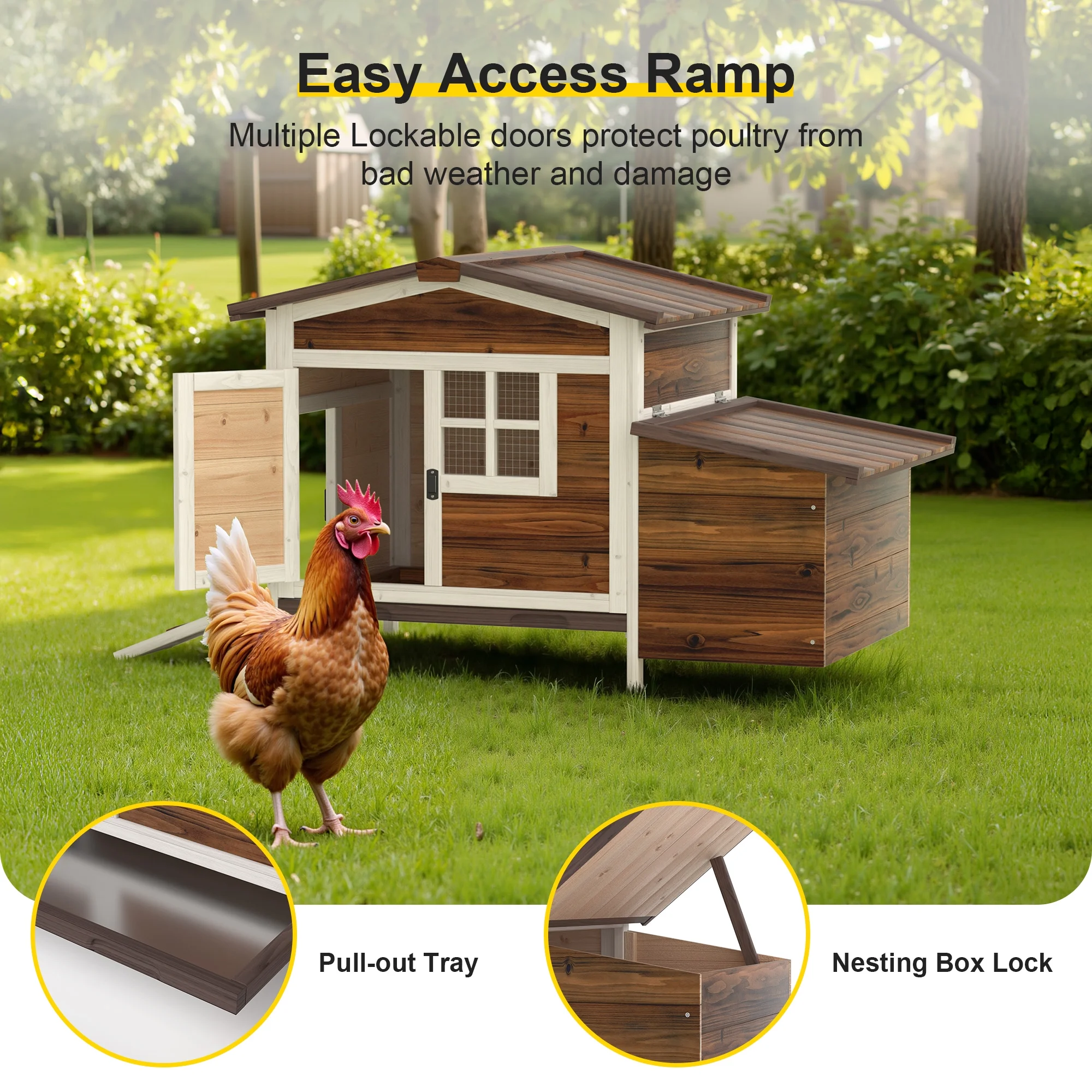 Outdoor Chicken Coop Rabbit Hutch Wooden Hen House w/ Nesting Box & Tray Poultry Cage for Outdoor Indoor - Image 12