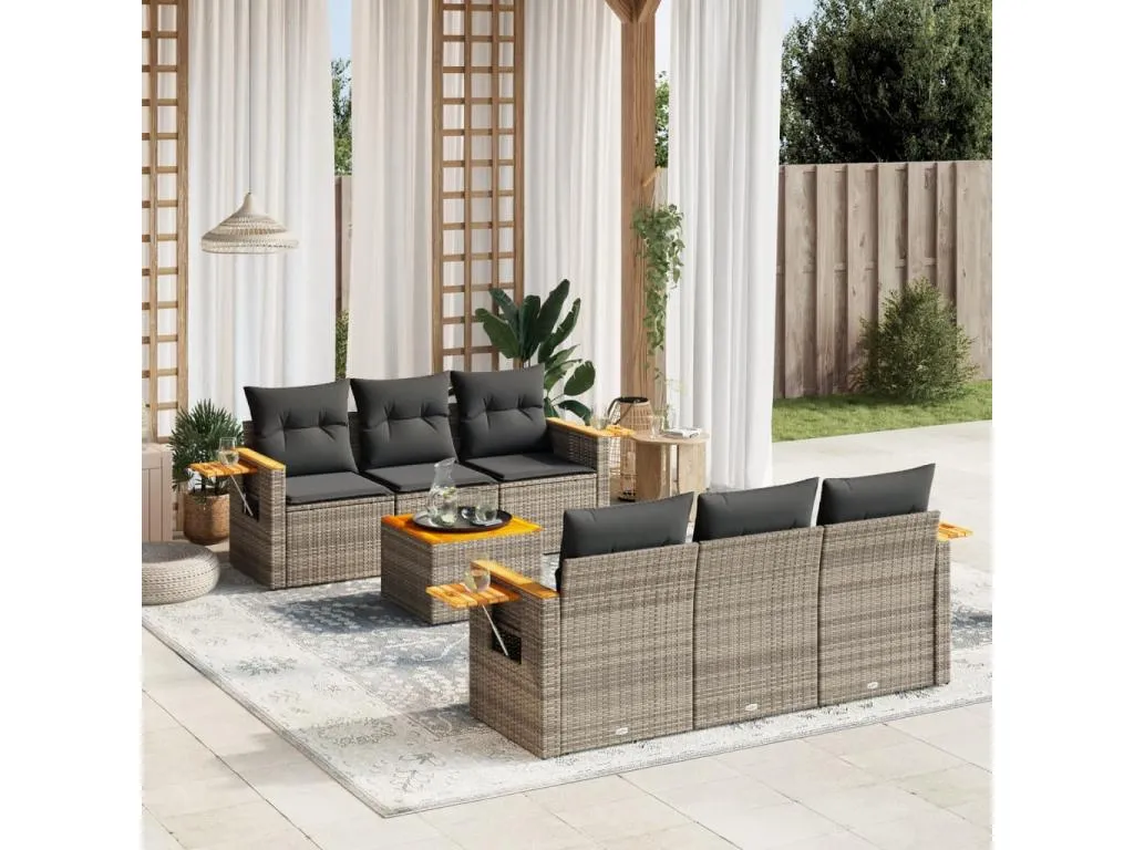 Hogarmini Set de sofás de jardín 7 piezas con cojines ratán PE gris wzfy22568