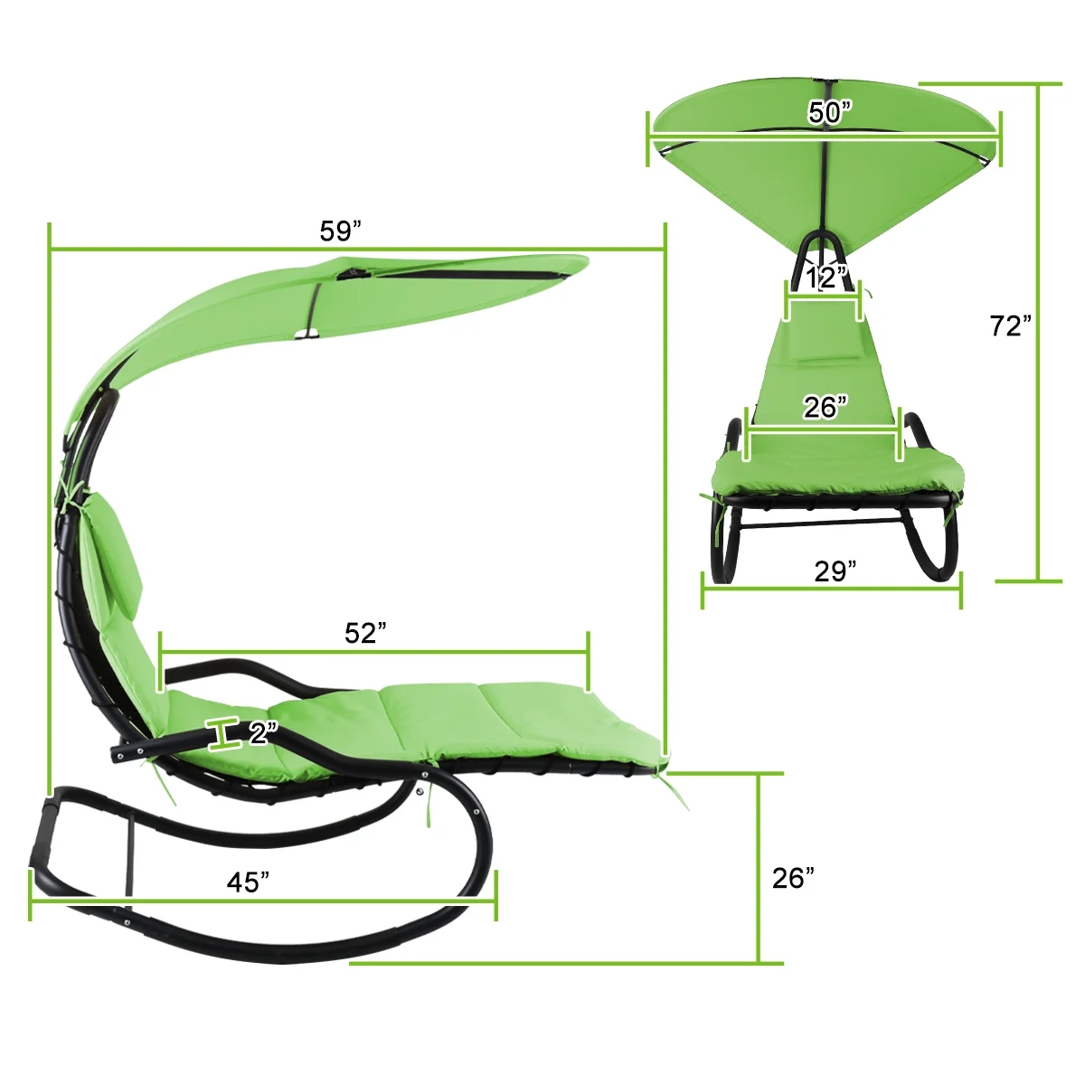 2X Rocking Hanging Lounge Chair - Curved Chaise Rocking Lounge Chair Swing For Backyard Patio w/ Built-in Pillow Removable Canopy with stand {Green} - Image 6