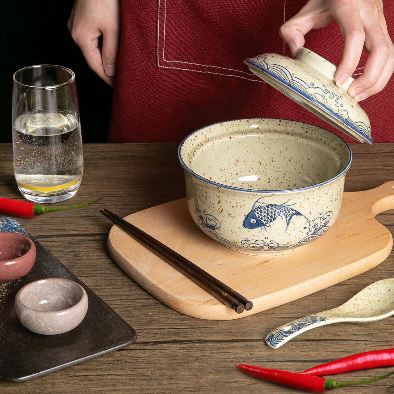 Ceramic Ramen Bowl Set of 2, Ramen Noodle Bowl with Lid 27oz Japanese Retro Style Soup, Pho, Udon Bowls, Matching Spoons and Chopsticks for Microwave & Dishwasher Safe, Fish
