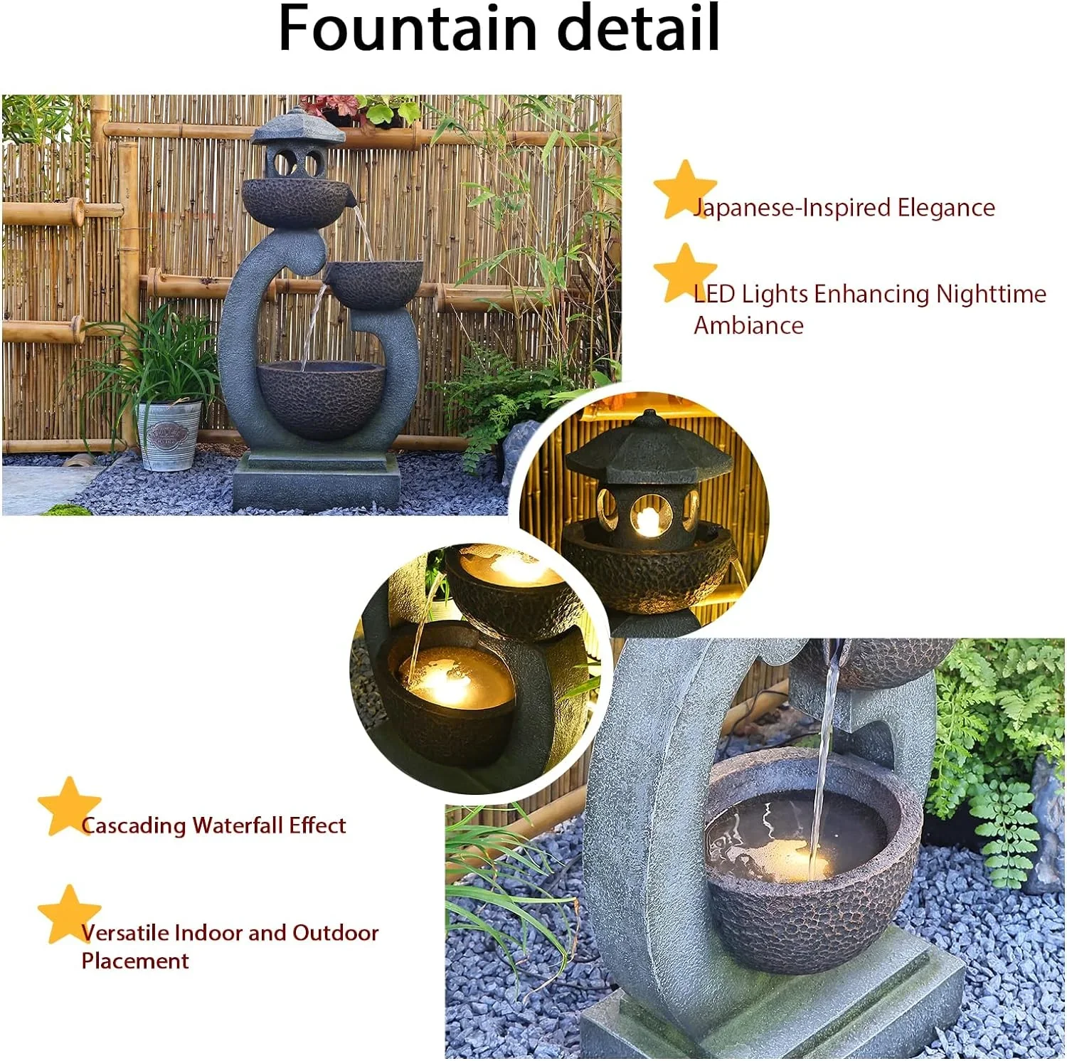 Water Fountain Tranquil Zen Pagoda Waterfalls Fountains Bowl with LED Lights for Patio Yard Porch Pool Decor