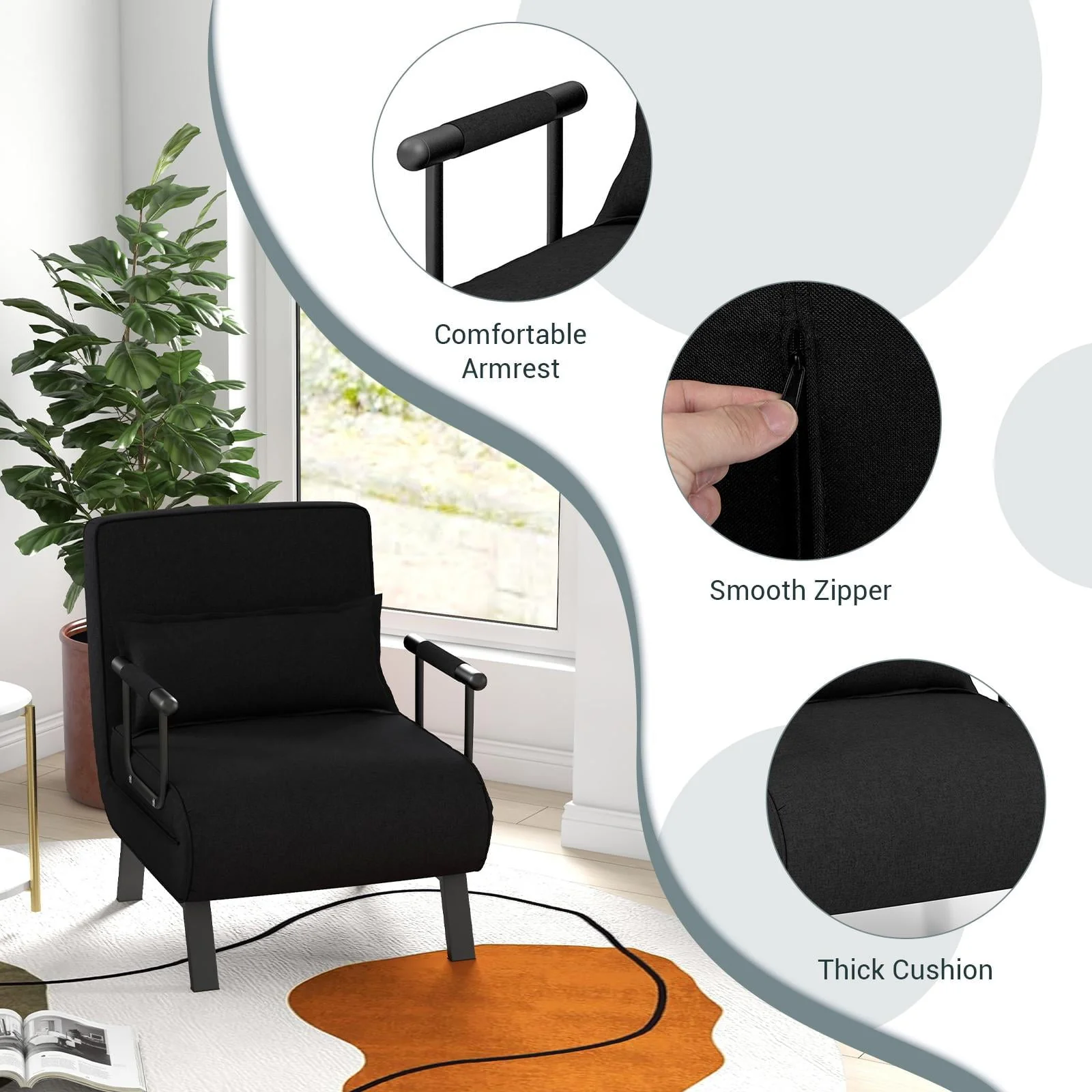 Giantex Convertible Sofa Chair Bed, Leisure Recliner Sleeper w/ 6 Adjustable Position Backrest into Lounge Seat, Folding Sofa Bed w/High Elastic Sponge, Durable Steel, Ideal for Home, Office (Black) - Image 4